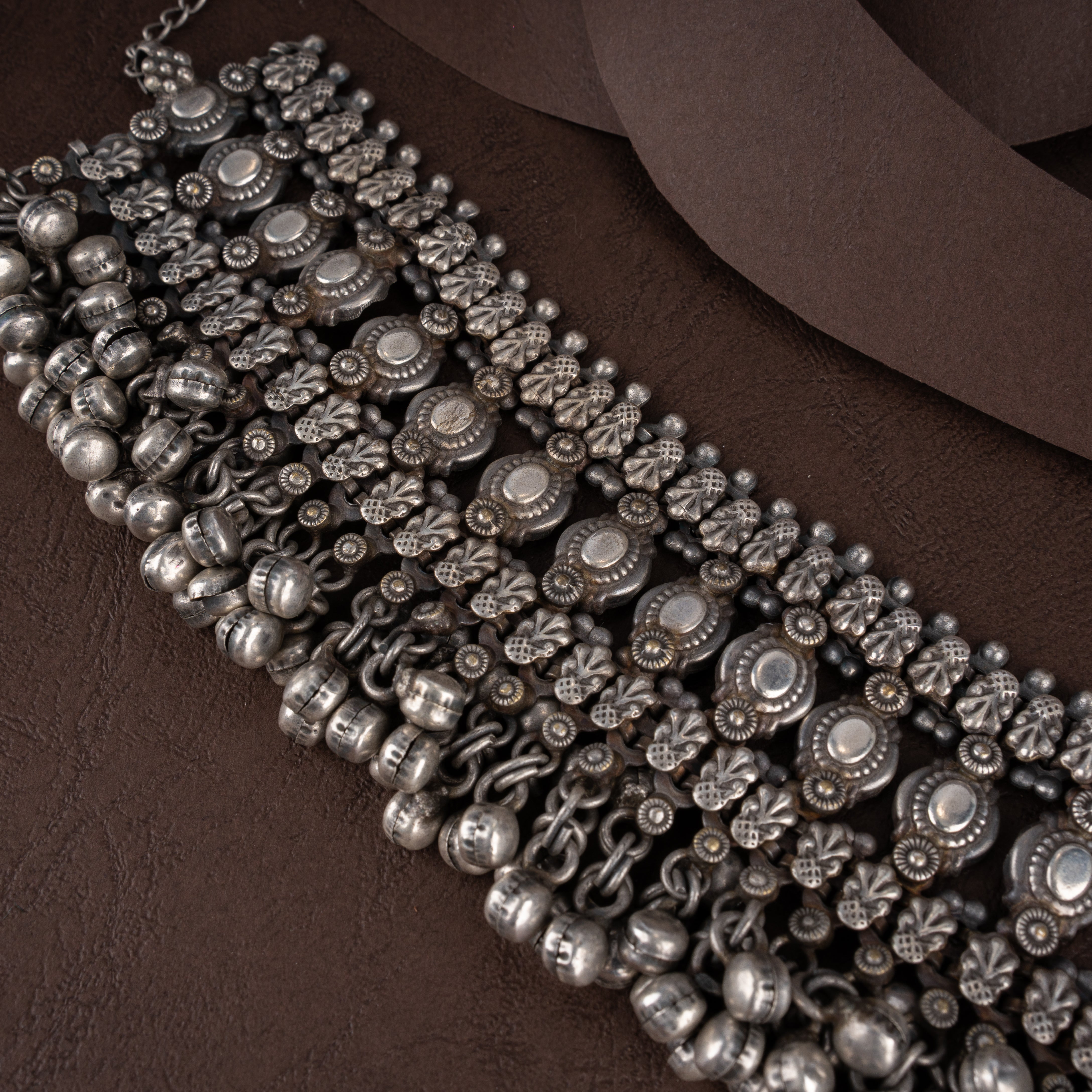 Oxidised Tribal Wide Mesh Choker Necklace Set with Ghungroo Bell Fringe, and Peacock Drop Earrings