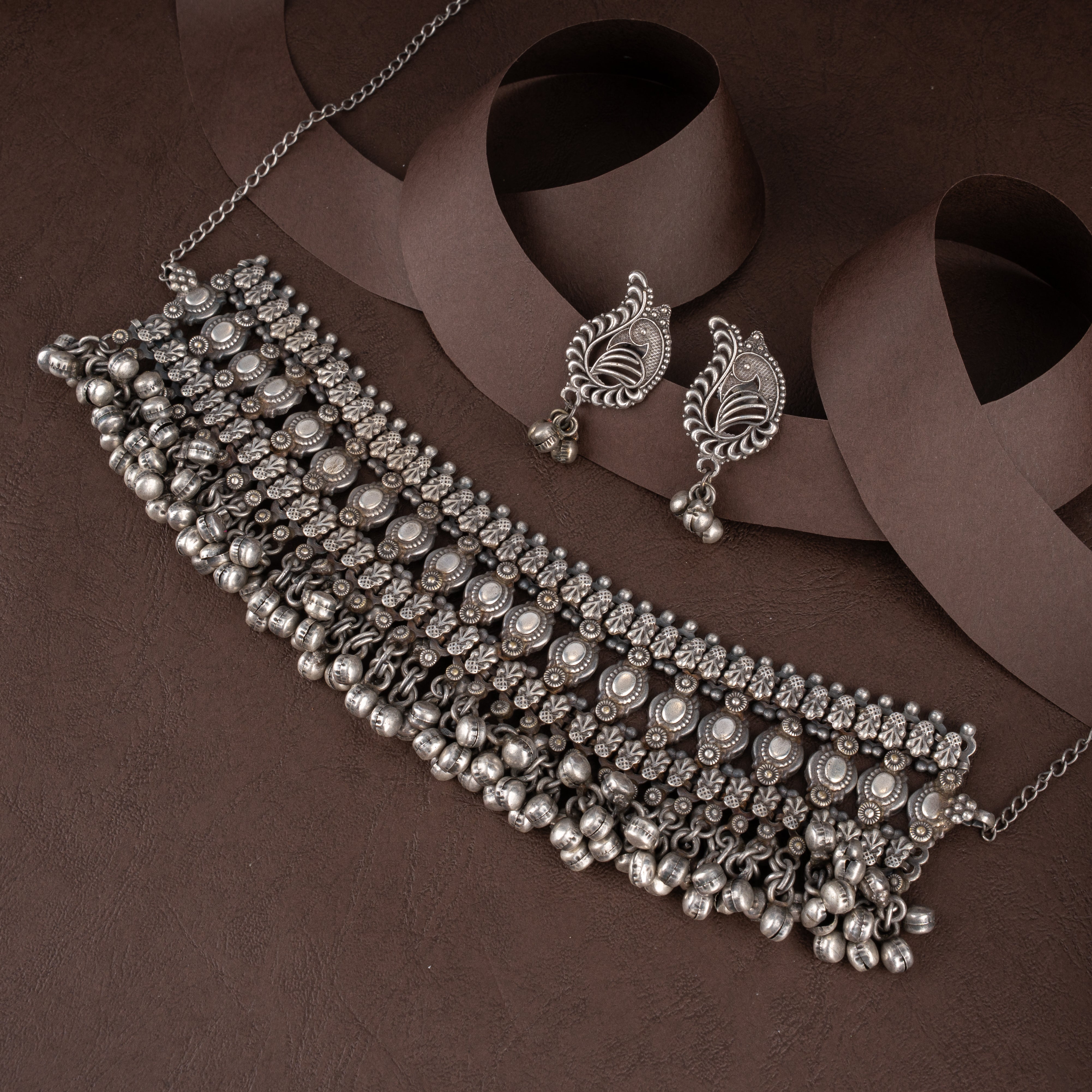 Oxidised Tribal Wide Mesh Choker Necklace Set with Ghungroo Bell Fringe, and Peacock Drop Earrings