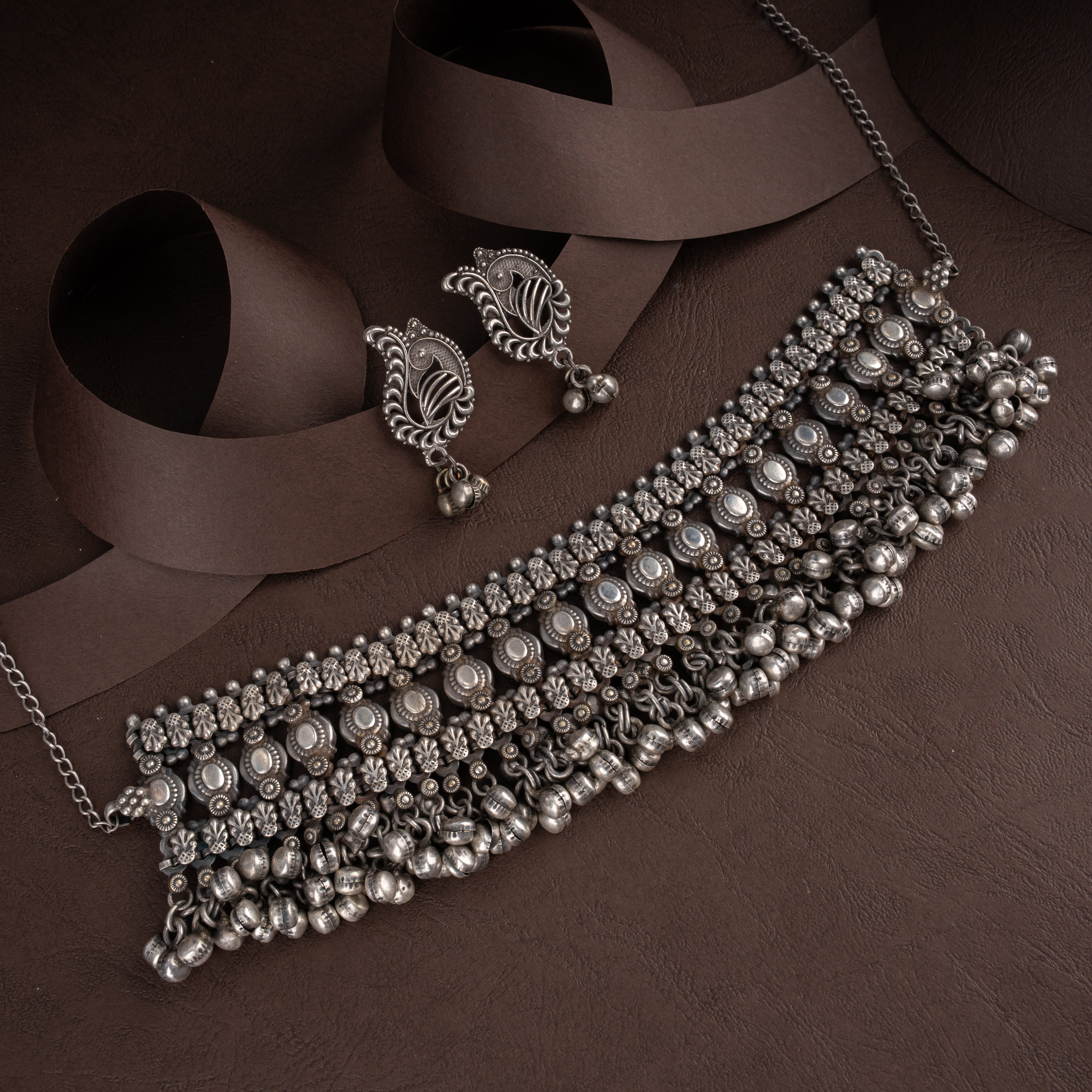 Oxidised Tribal Wide Mesh Choker Necklace Set with Ghungroo Bell Fringe, and Peacock Drop Earrings