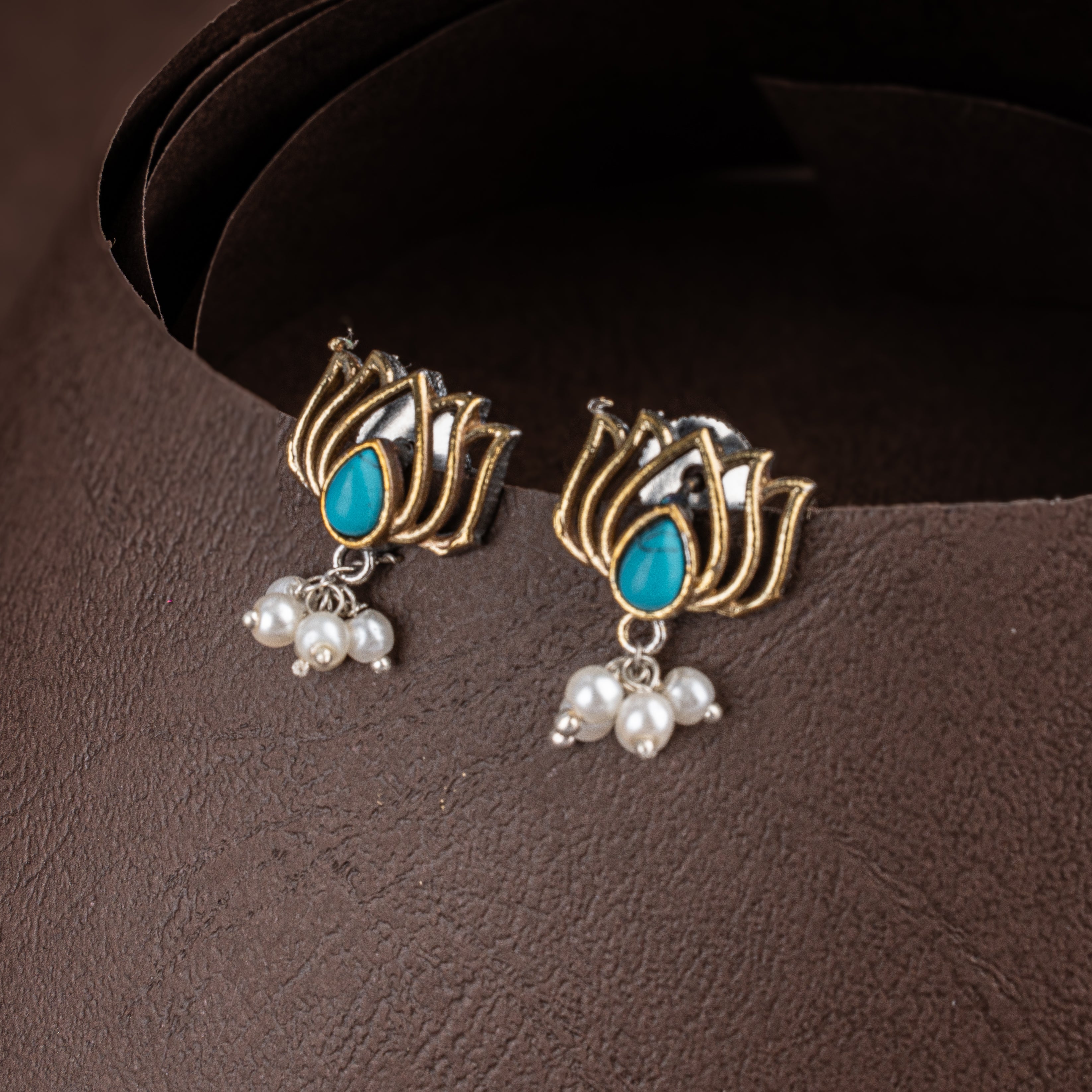 Dual-Tone Lotus Motif Choker Necklace Set with Multi-Color Teardrop Stones and Seed Pearl Drops