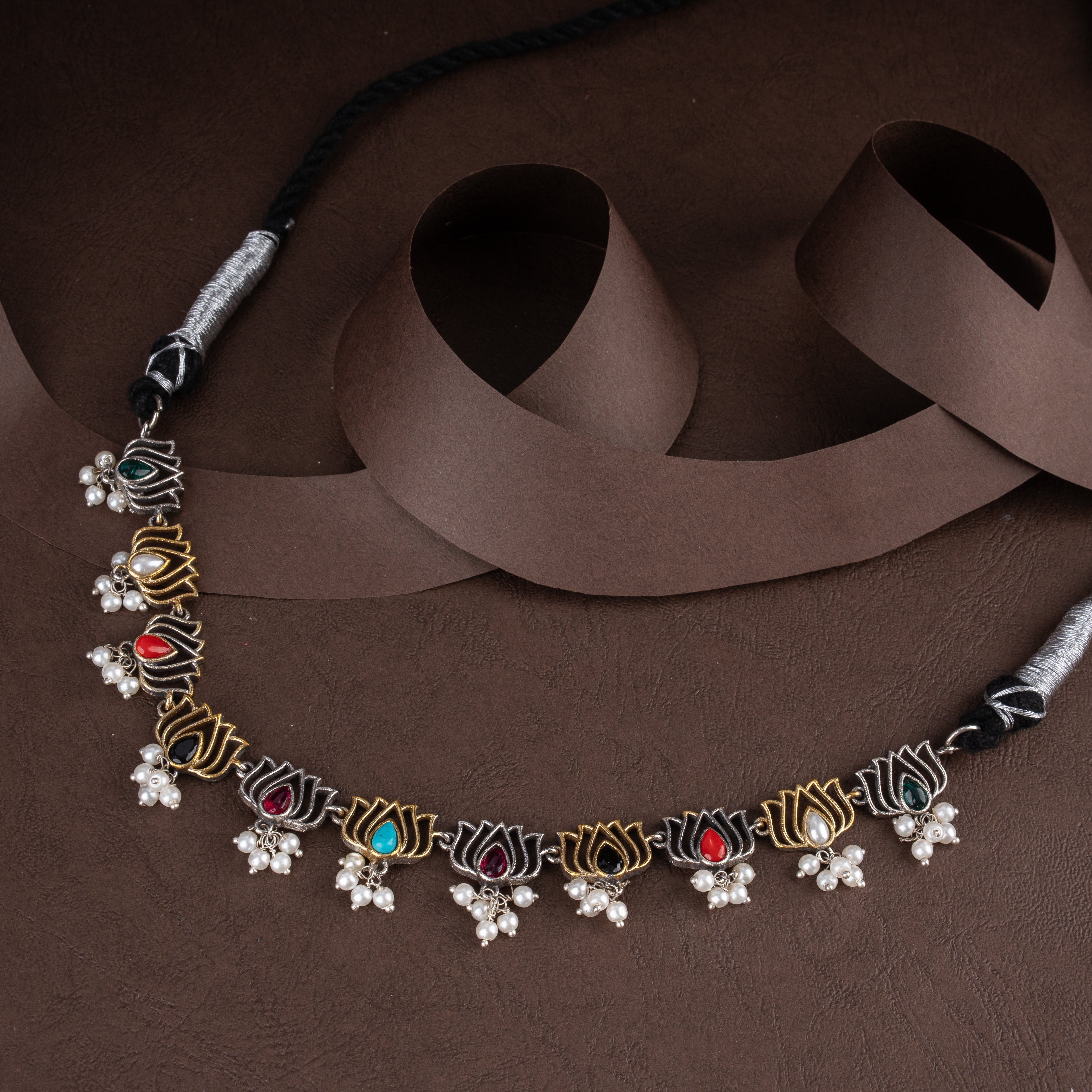 Dual-Tone Lotus Motif Choker Necklace Set with Multi-Color Teardrop Stones and Seed Pearl Drops