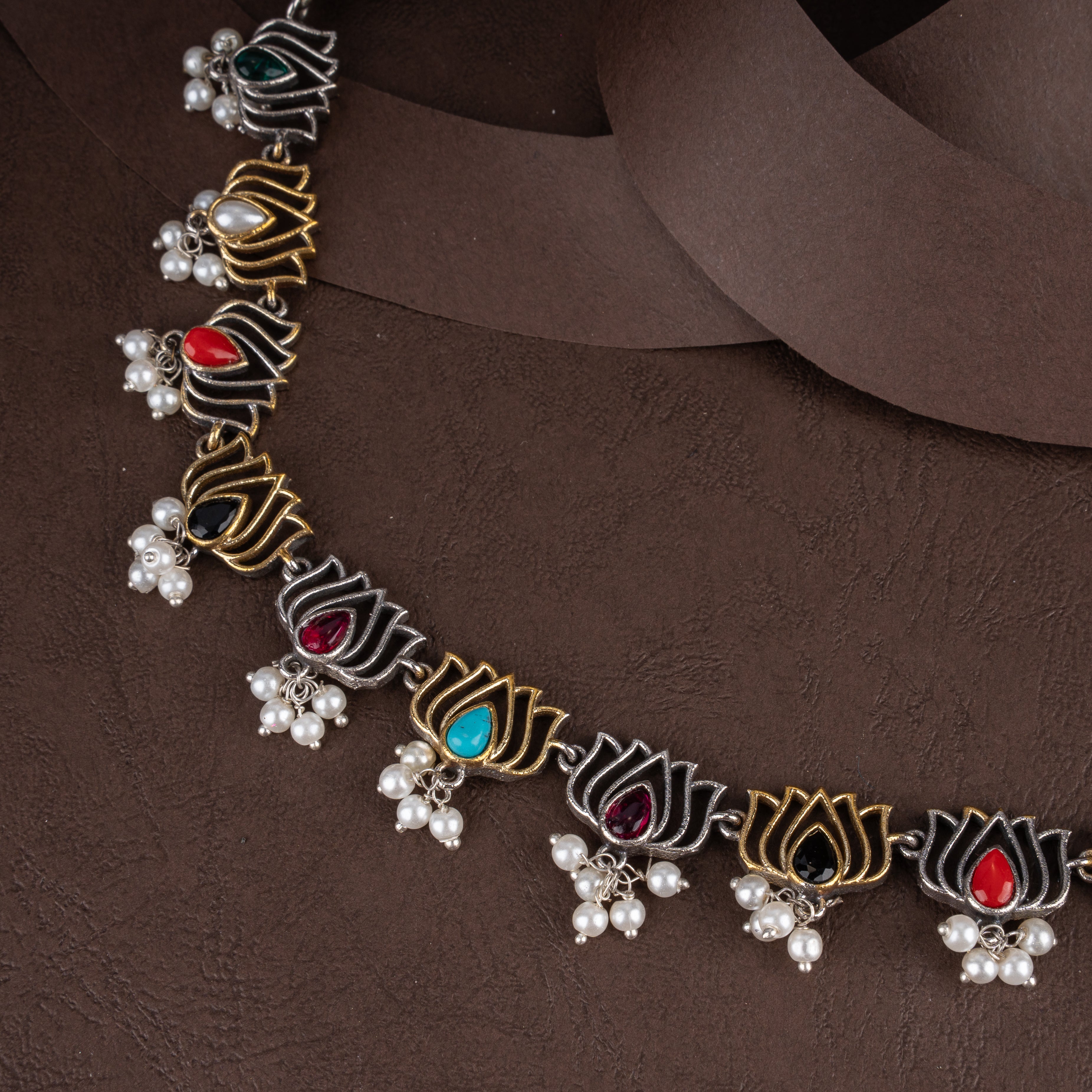 Dual-Tone Lotus Motif Choker Necklace Set with Multi-Color Teardrop Stones and Seed Pearl Drops