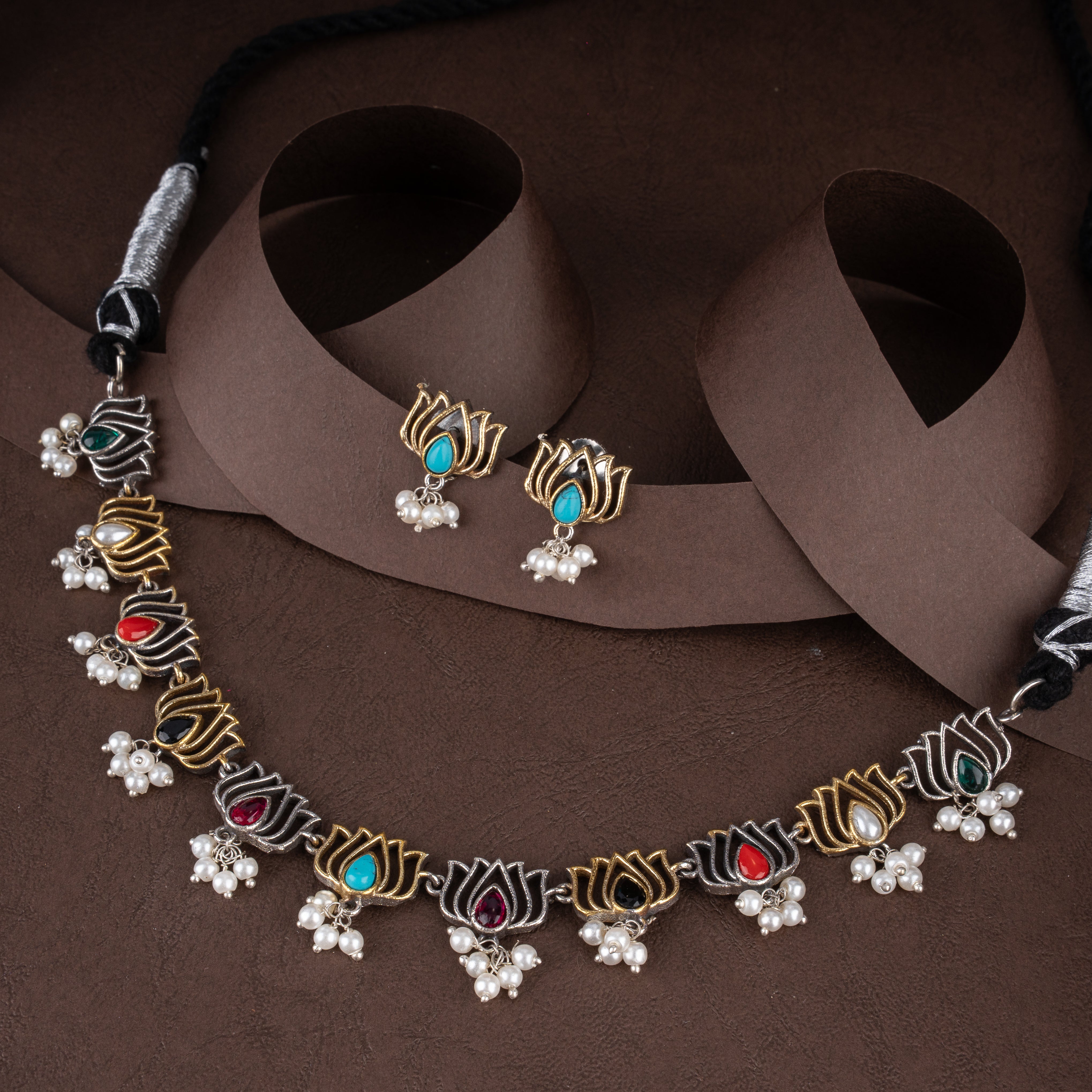 Dual-Tone Lotus Motif Choker Necklace Set with Multi-Color Teardrop Stones and Seed Pearl Drops