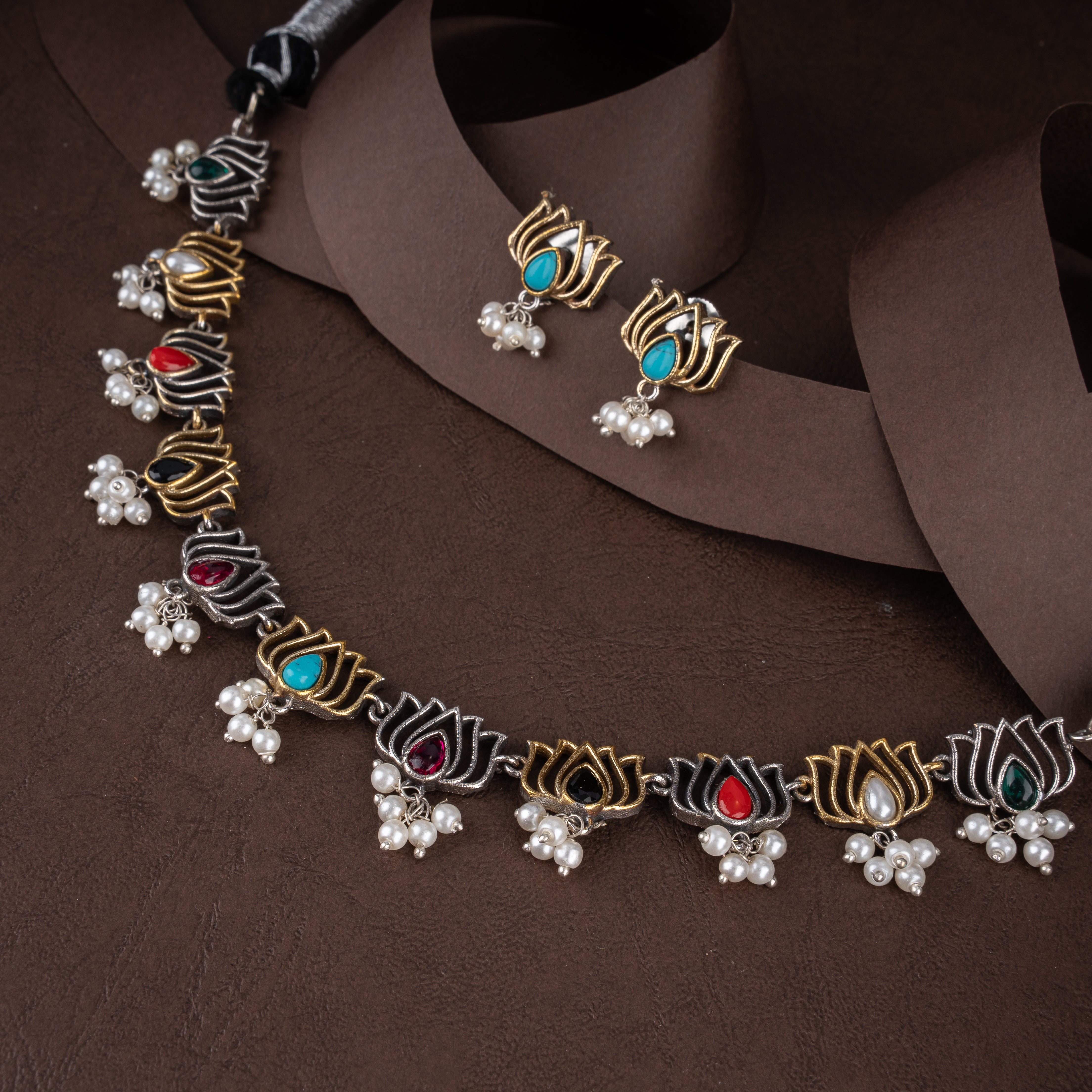 Dual-Tone Lotus Motif Choker Necklace Set with Multi-Color Teardrop Stones and Seed Pearl Drops