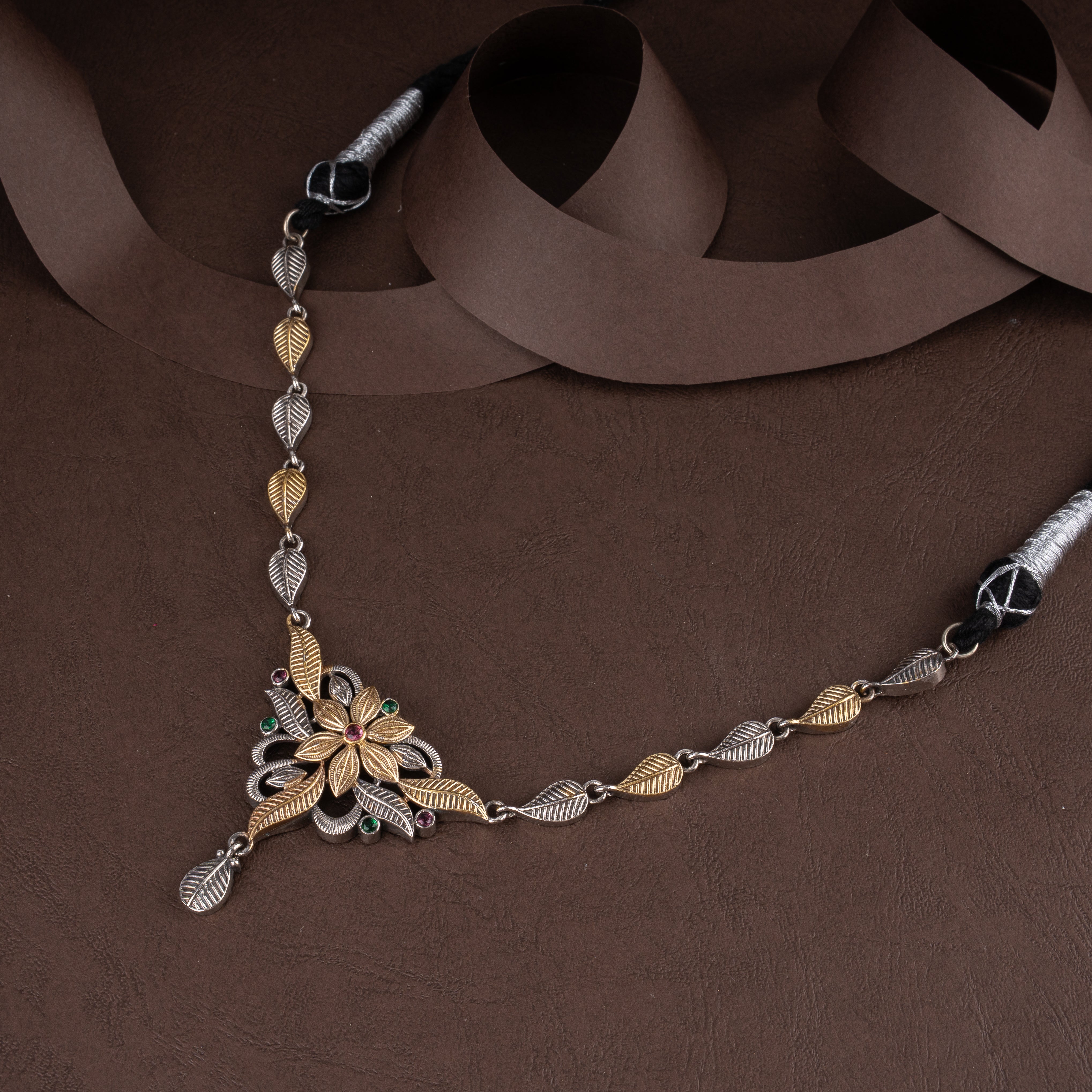 Dual-Tone Leaf Vine V-Neck Choker Necklace Set with Blooming Floral Centerpiece and Drop Earrings