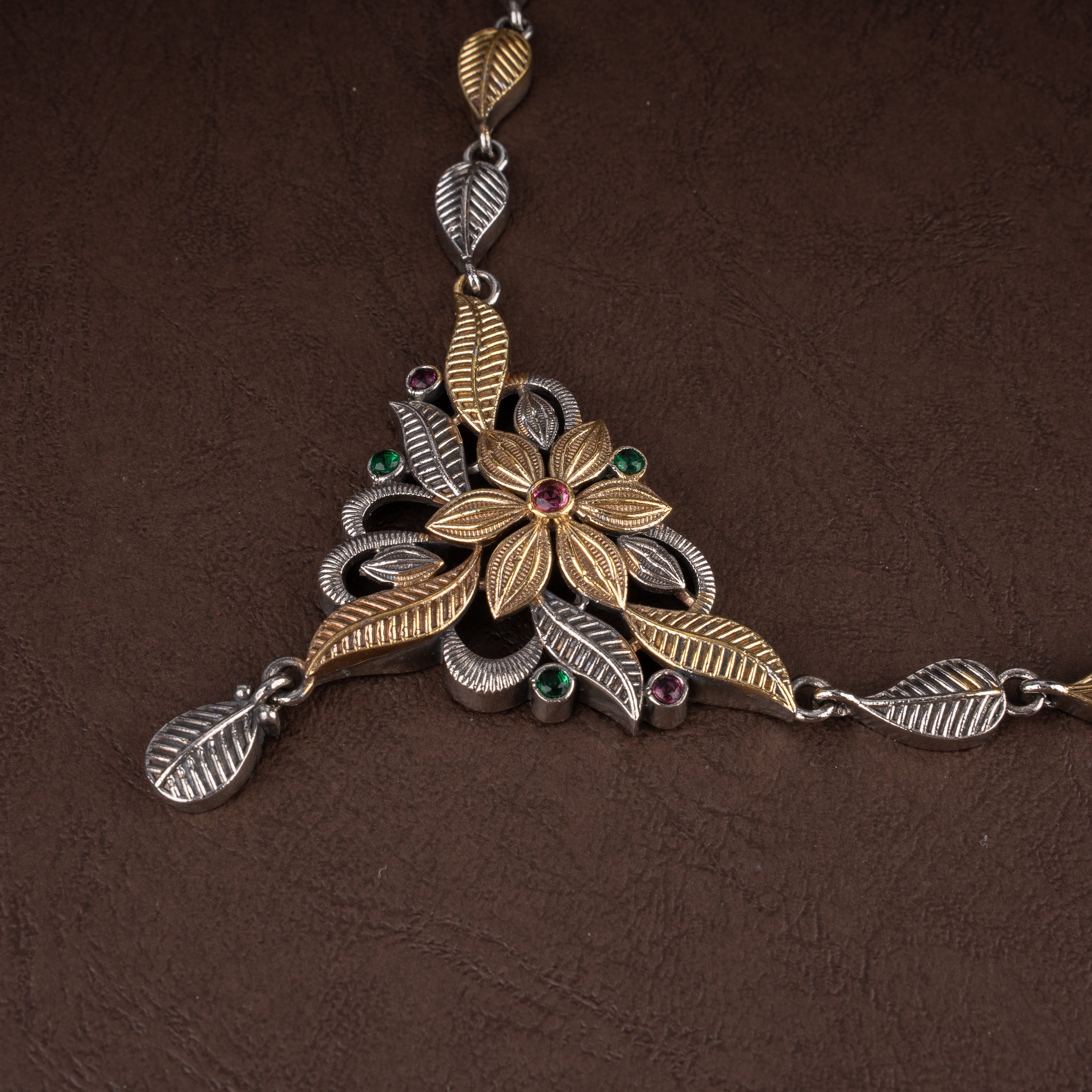 Dual-Tone Leaf Vine V-Neck Choker Necklace Set with Blooming Floral Centerpiece and Drop Earrings