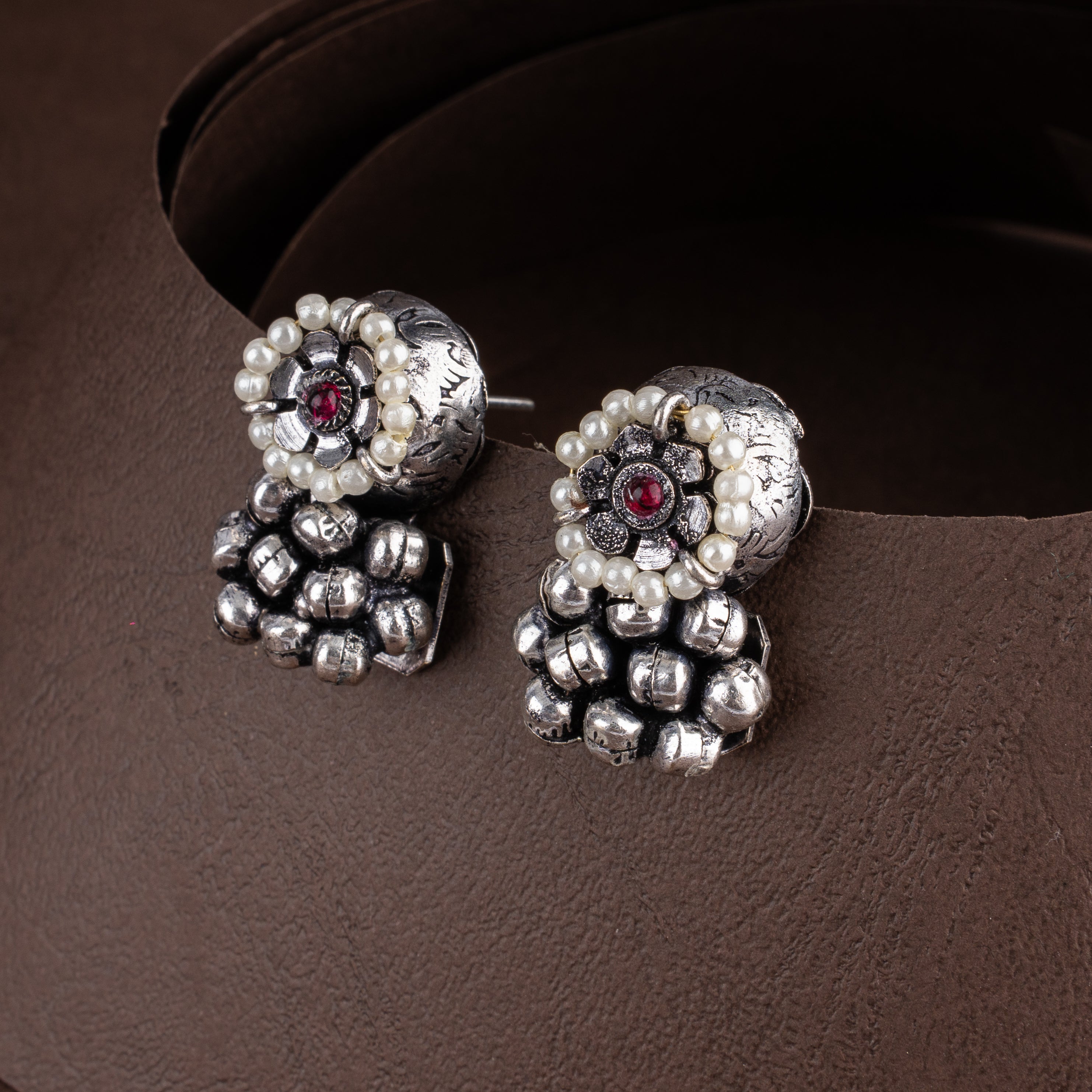 Oxidised Tribal Floral Medallion Choker Necklace Set with Pearl Halos and Ghungroos