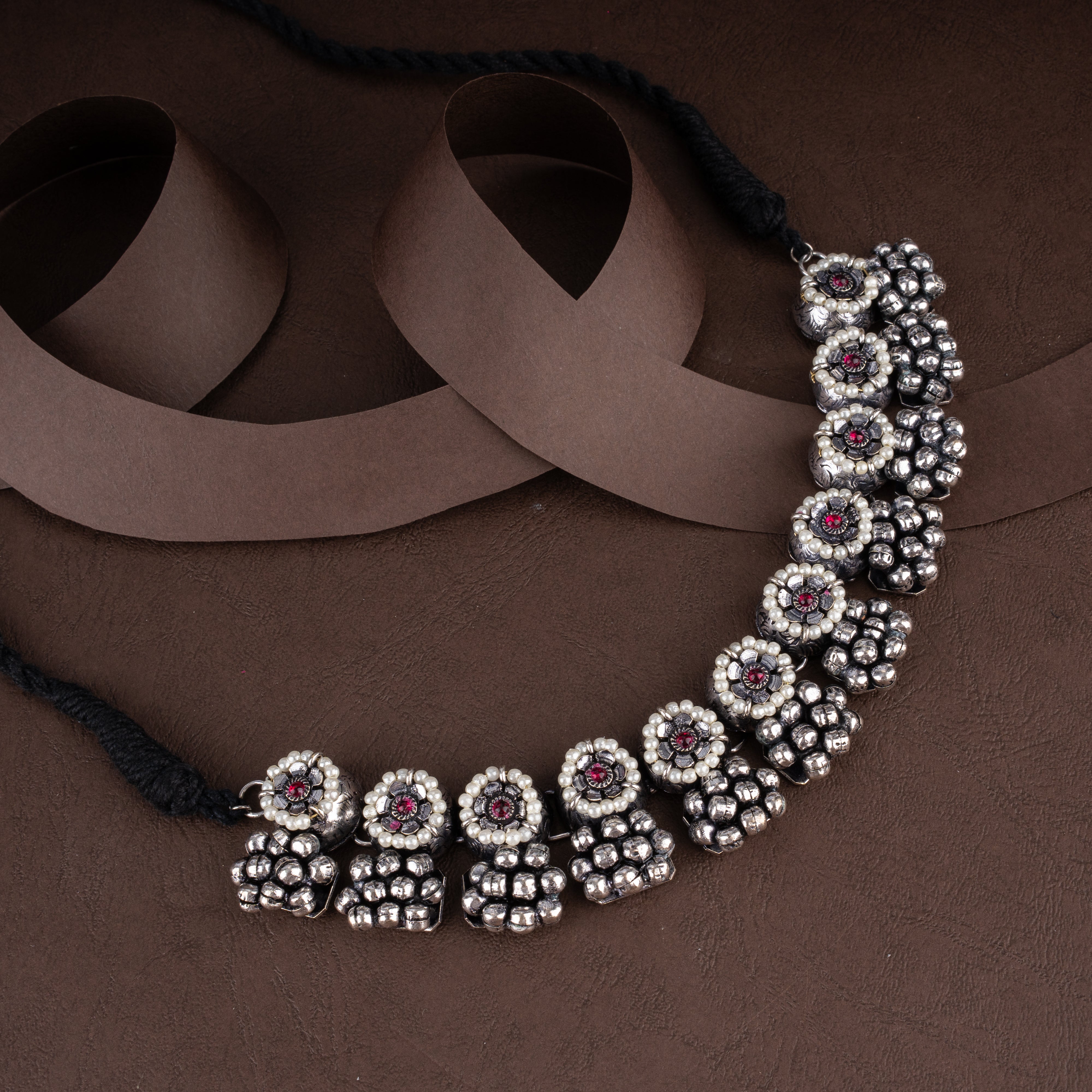 Oxidised Tribal Floral Medallion Choker Necklace Set with Pearl Halos and Ghungroos