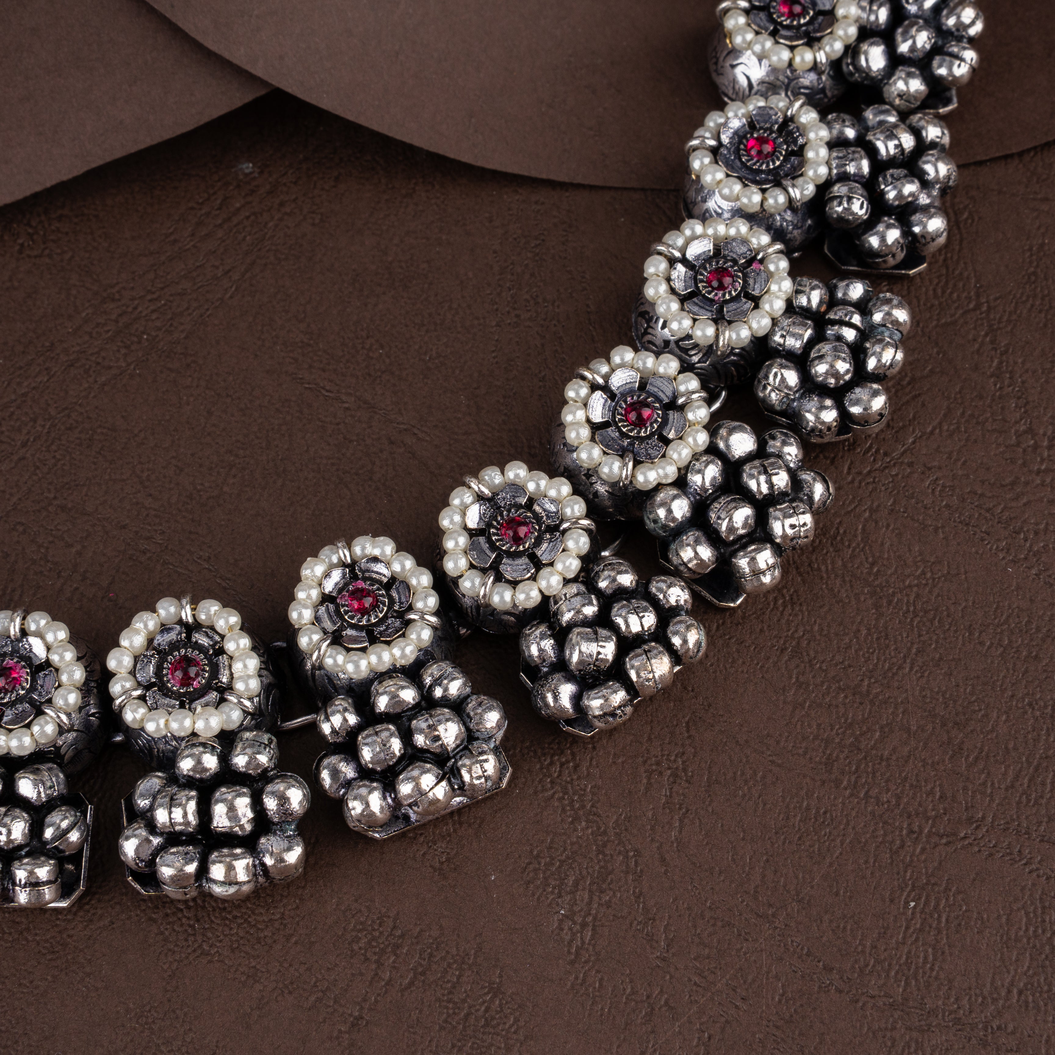 Oxidised Tribal Floral Medallion Choker Necklace Set with Pearl Halos and Ghungroos