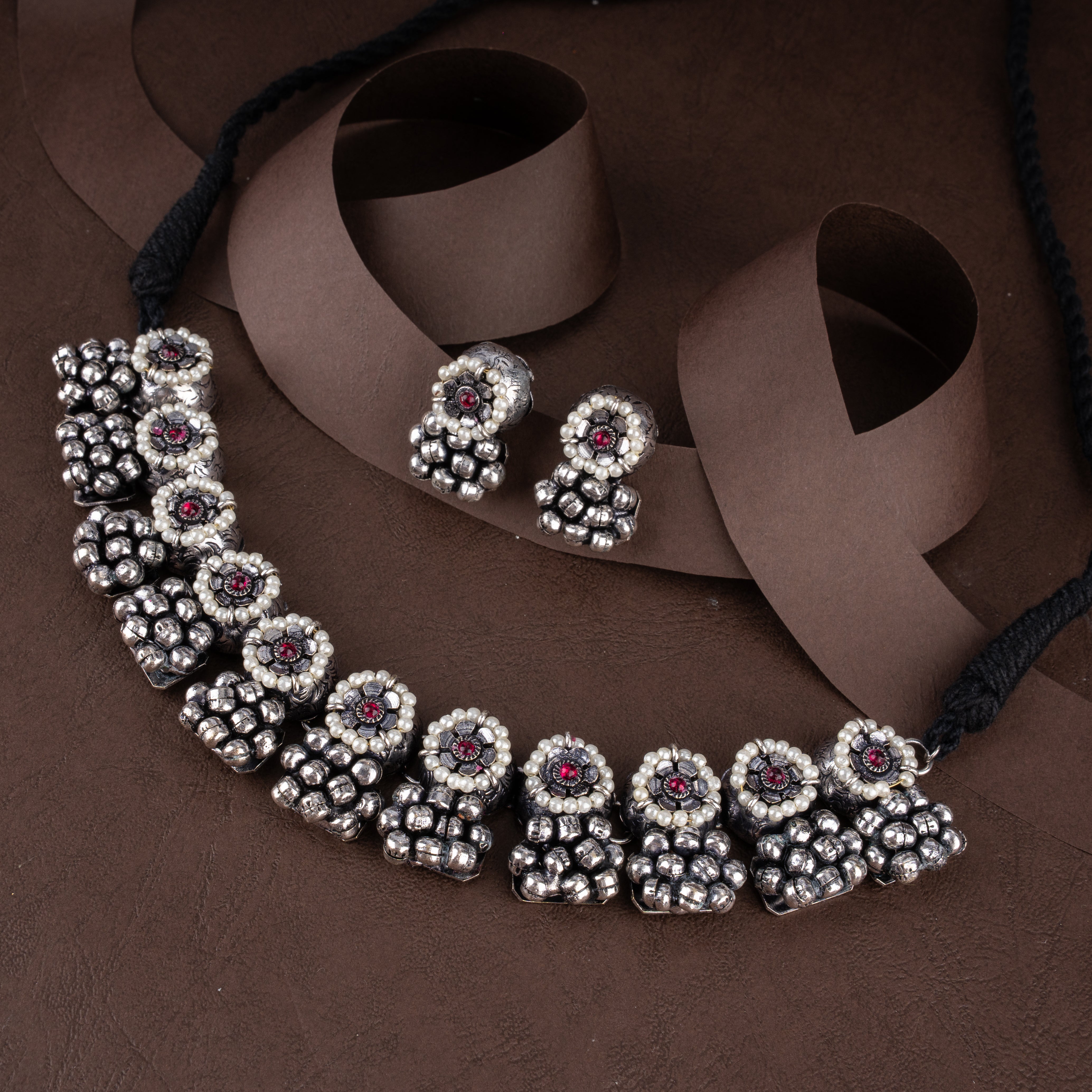 Oxidised Tribal Floral Medallion Choker Necklace Set with Pearl Halos and Ghungroos