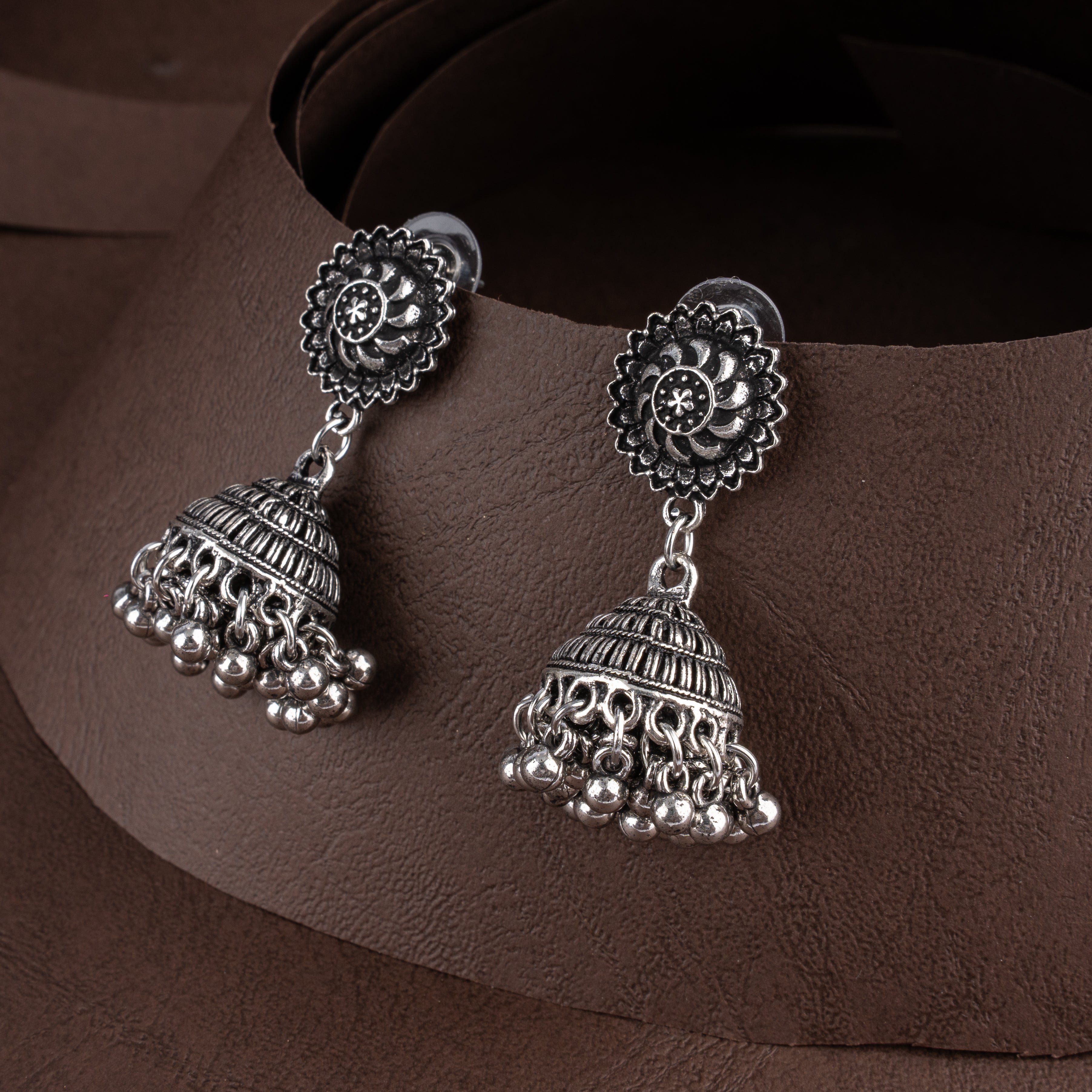 Oxidised Embossed Rectangular Plaque Choker Necklace Set with Dome Jhumkis and Ghungroo Fringe