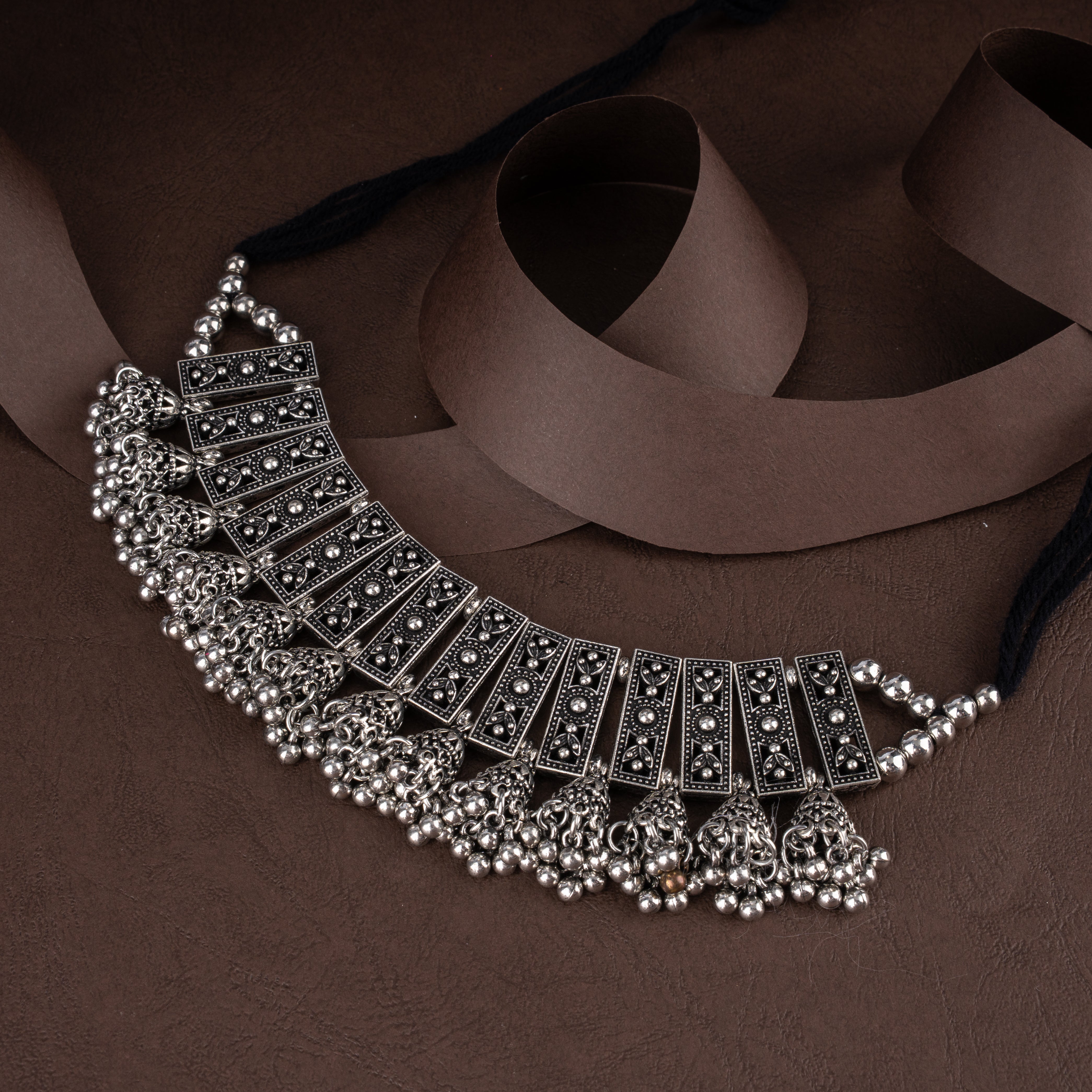 Oxidised Embossed Rectangular Plaque Choker Necklace Set with Dome Jhumkis and Ghungroo Fringe