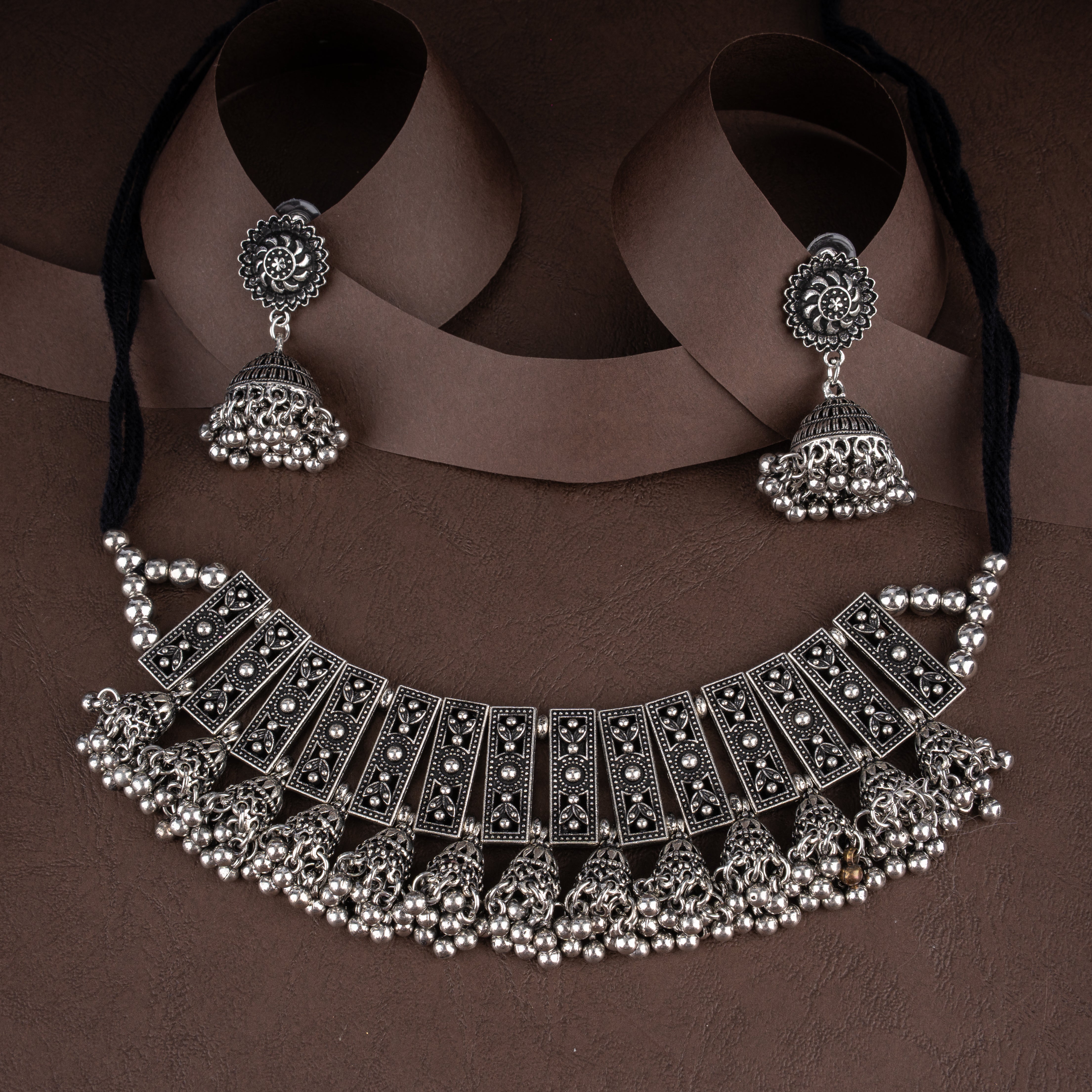 Oxidised Embossed Rectangular Plaque Choker Necklace Set with Dome Jhumkis and Ghungroo Fringe