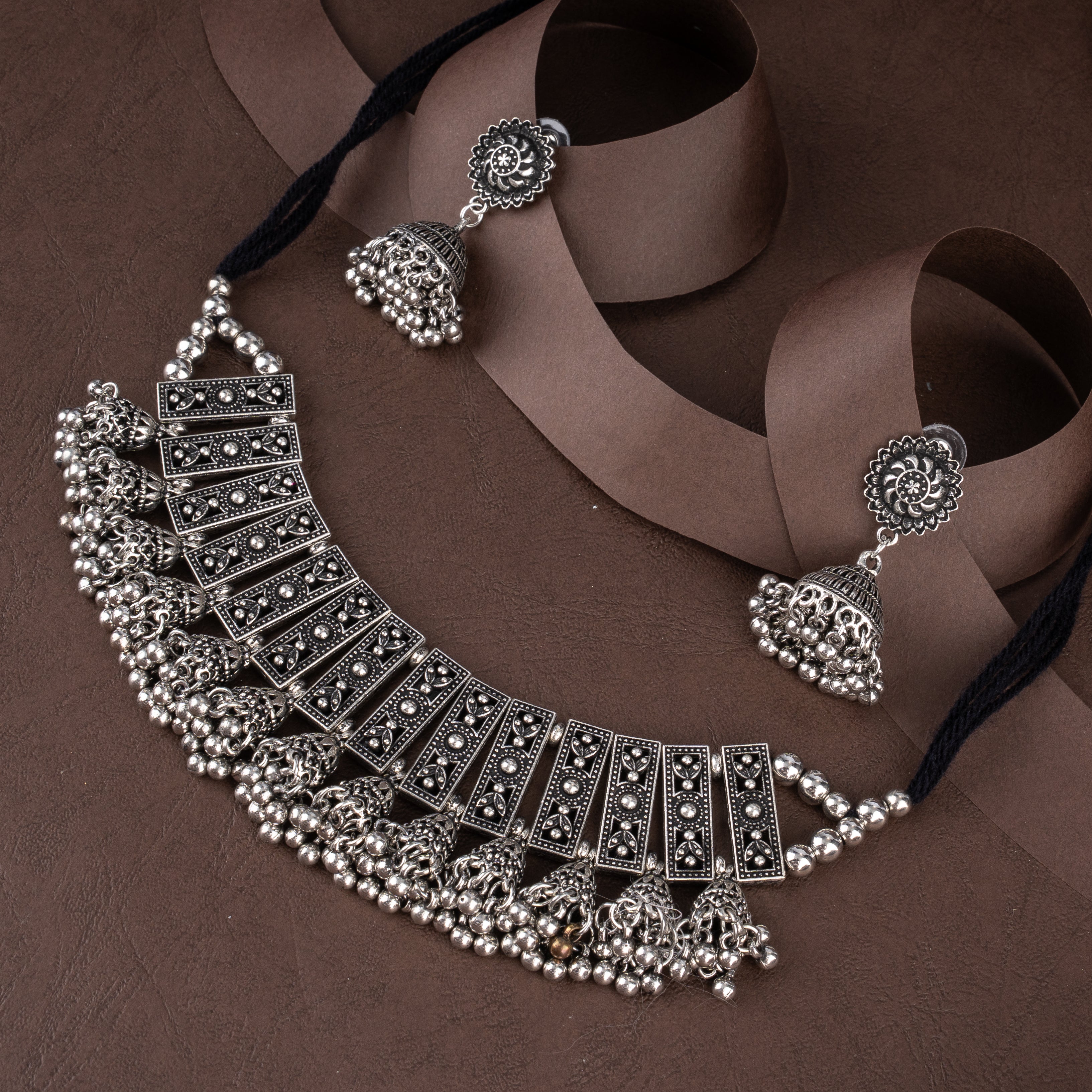 Oxidised Embossed Rectangular Plaque Choker Necklace Set with Dome Jhumkis and Ghungroo Fringe