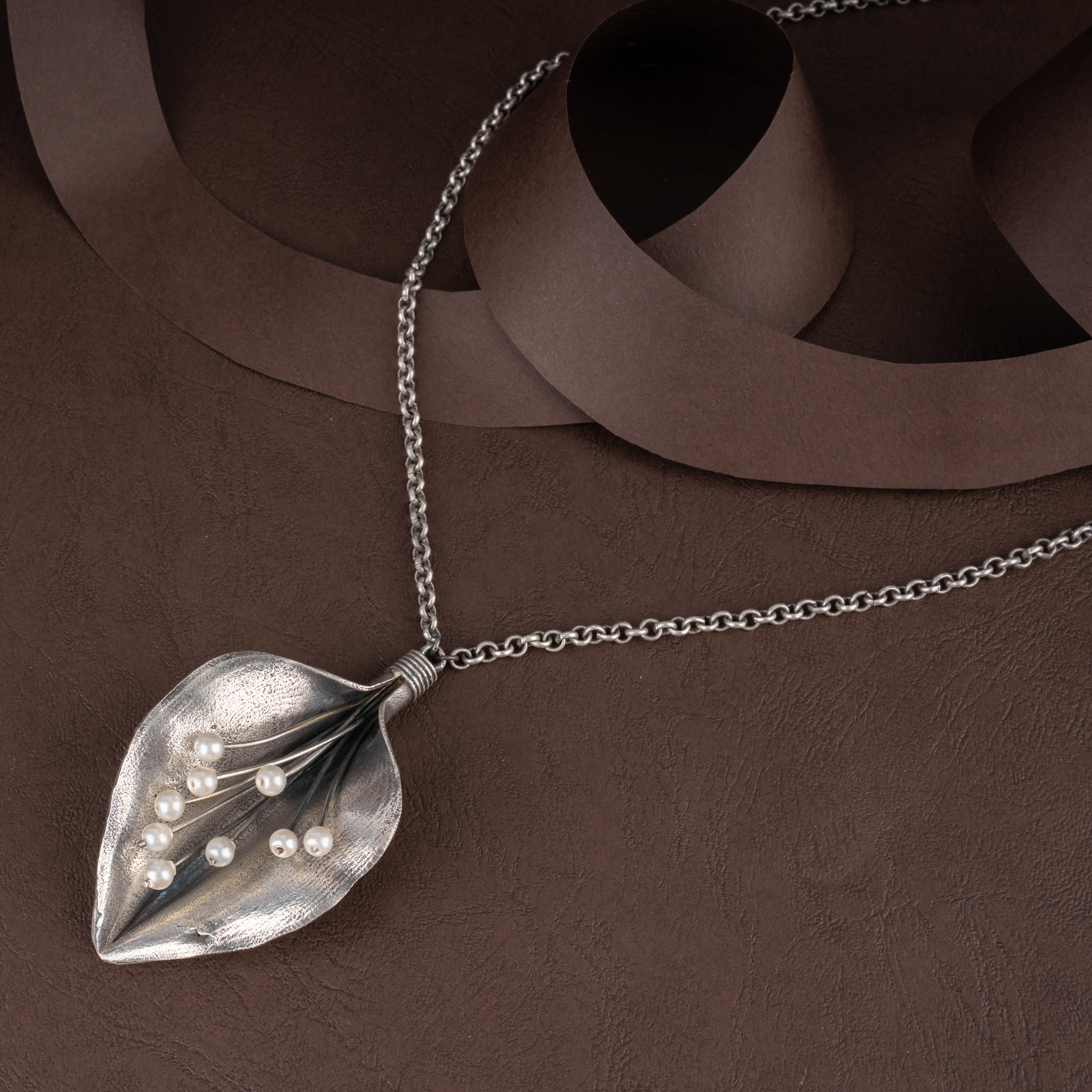 Oxidised Sculpted Calla Lily Leaf Pendant Necklace Set with Pearl Stamen Accents and Drop Earrings