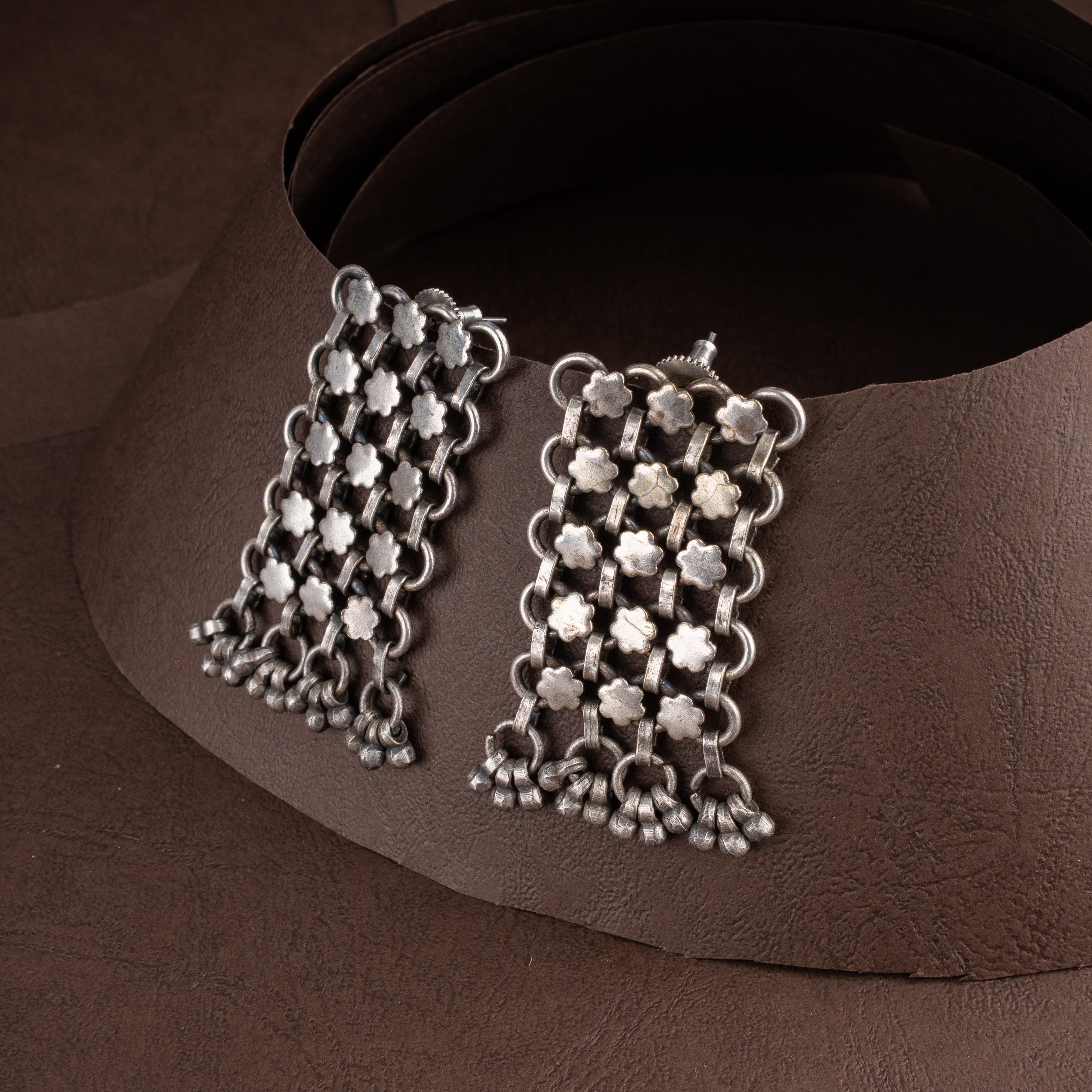 Oxidised Tribal Floral Mesh Choker Necklace Set with Ghungroo Fringe and Drop Earrings