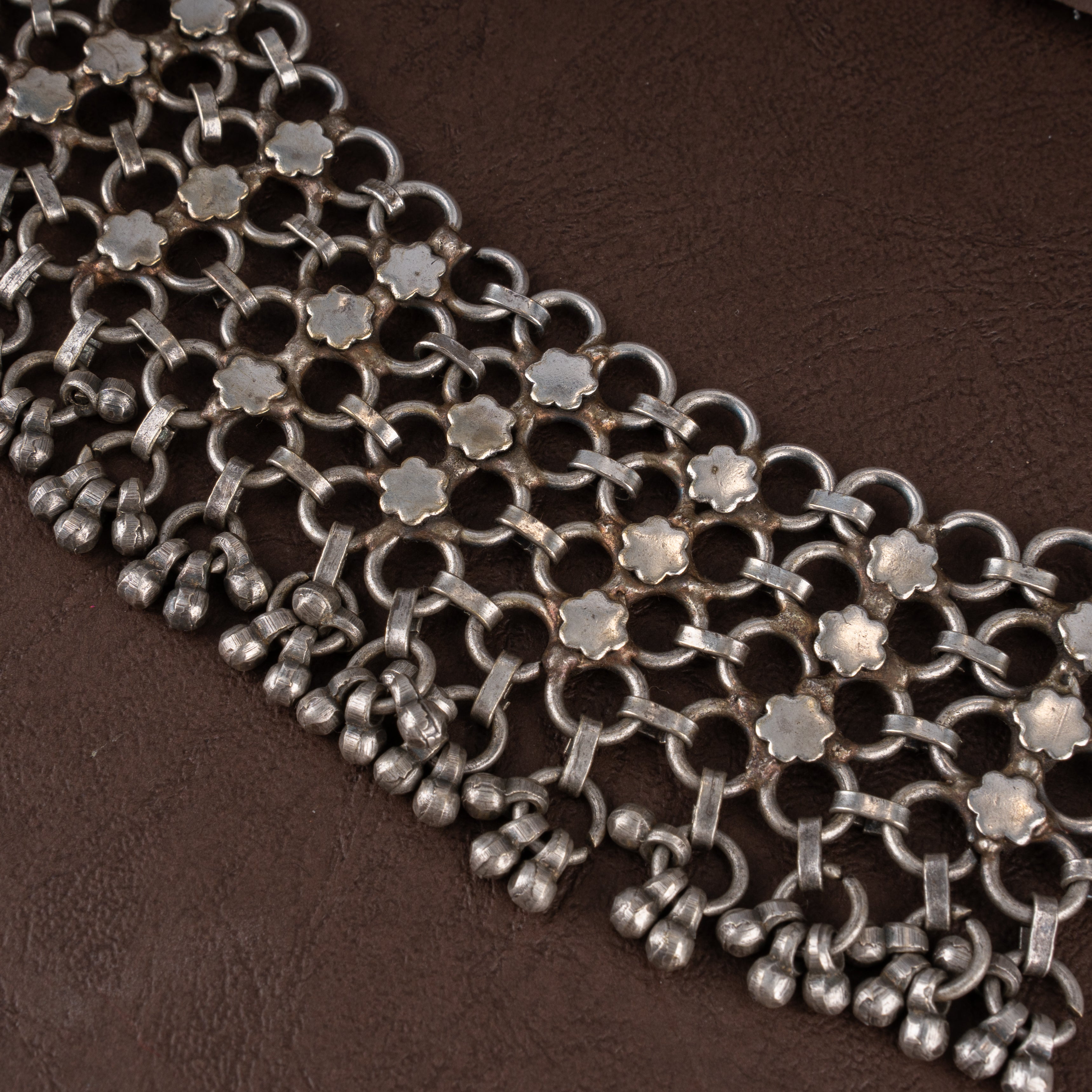 Oxidised Tribal Floral Mesh Choker Necklace Set with Ghungroo Fringe and Drop Earrings