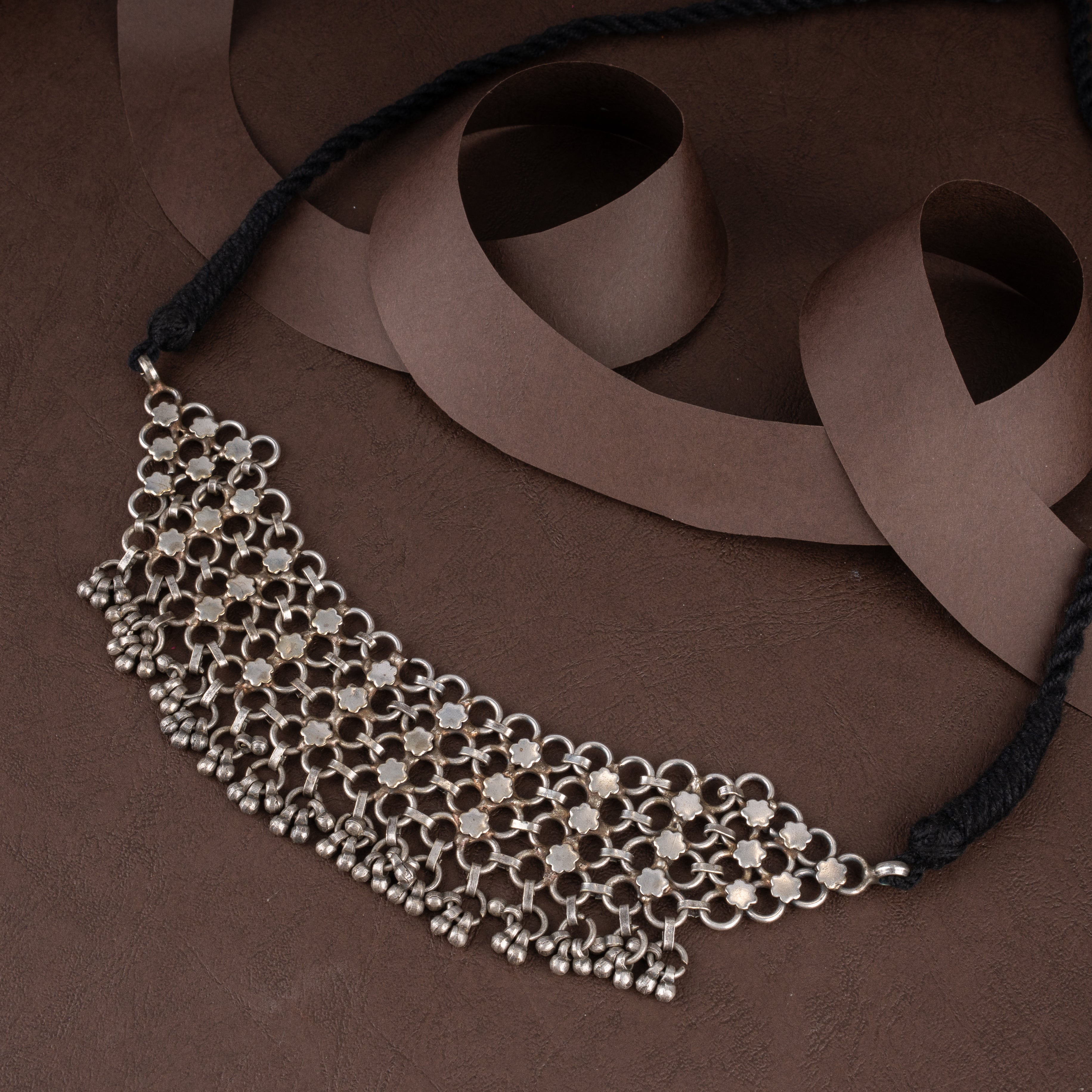 Oxidised Tribal Floral Mesh Choker Necklace Set with Ghungroo Fringe and Drop Earrings