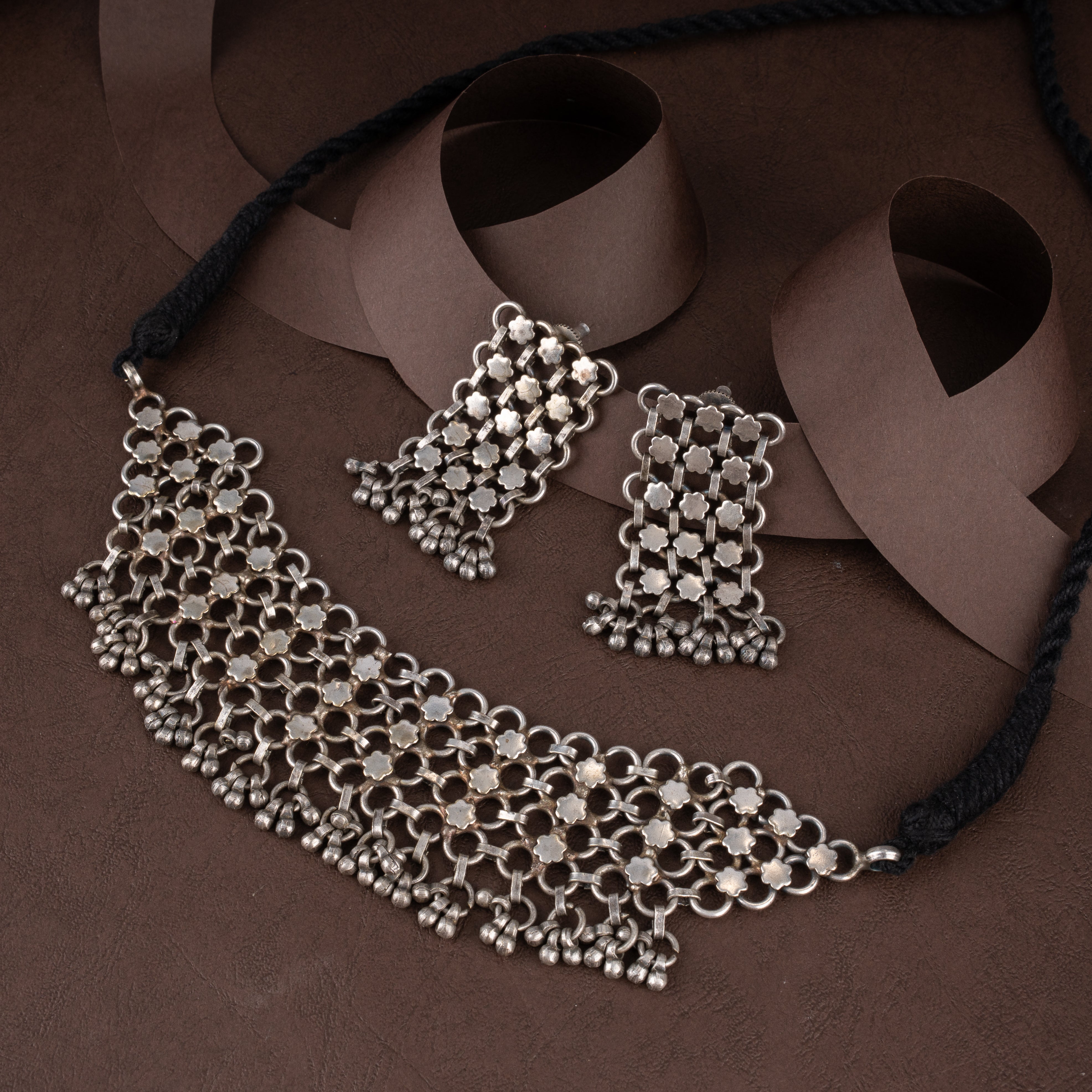 Oxidised Tribal Floral Mesh Choker Necklace Set with Ghungroo Fringe and Drop Earrings