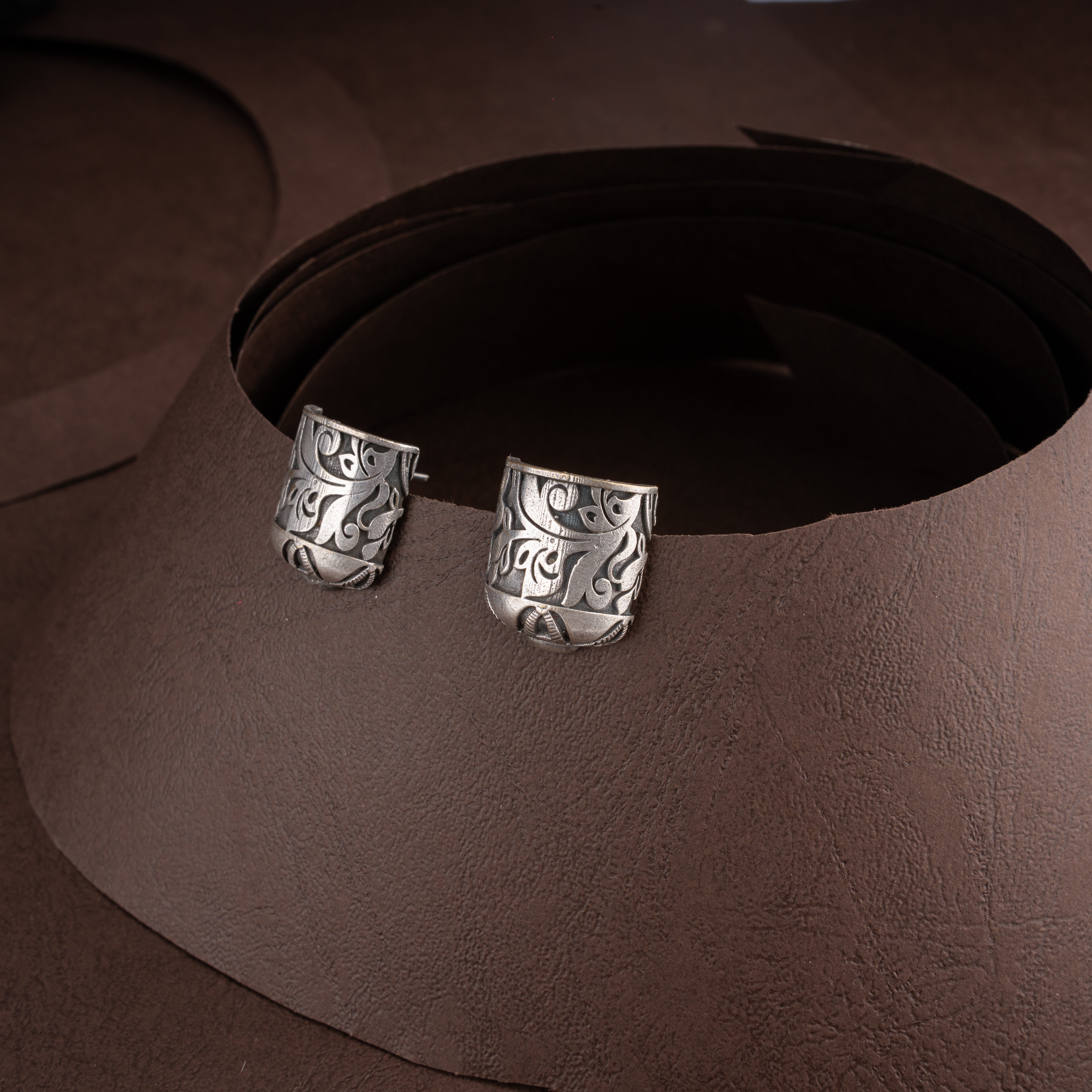 Oxidised Filigree Barrel Bead Pendant Necklace Set with Matching Curved Stud Earrings