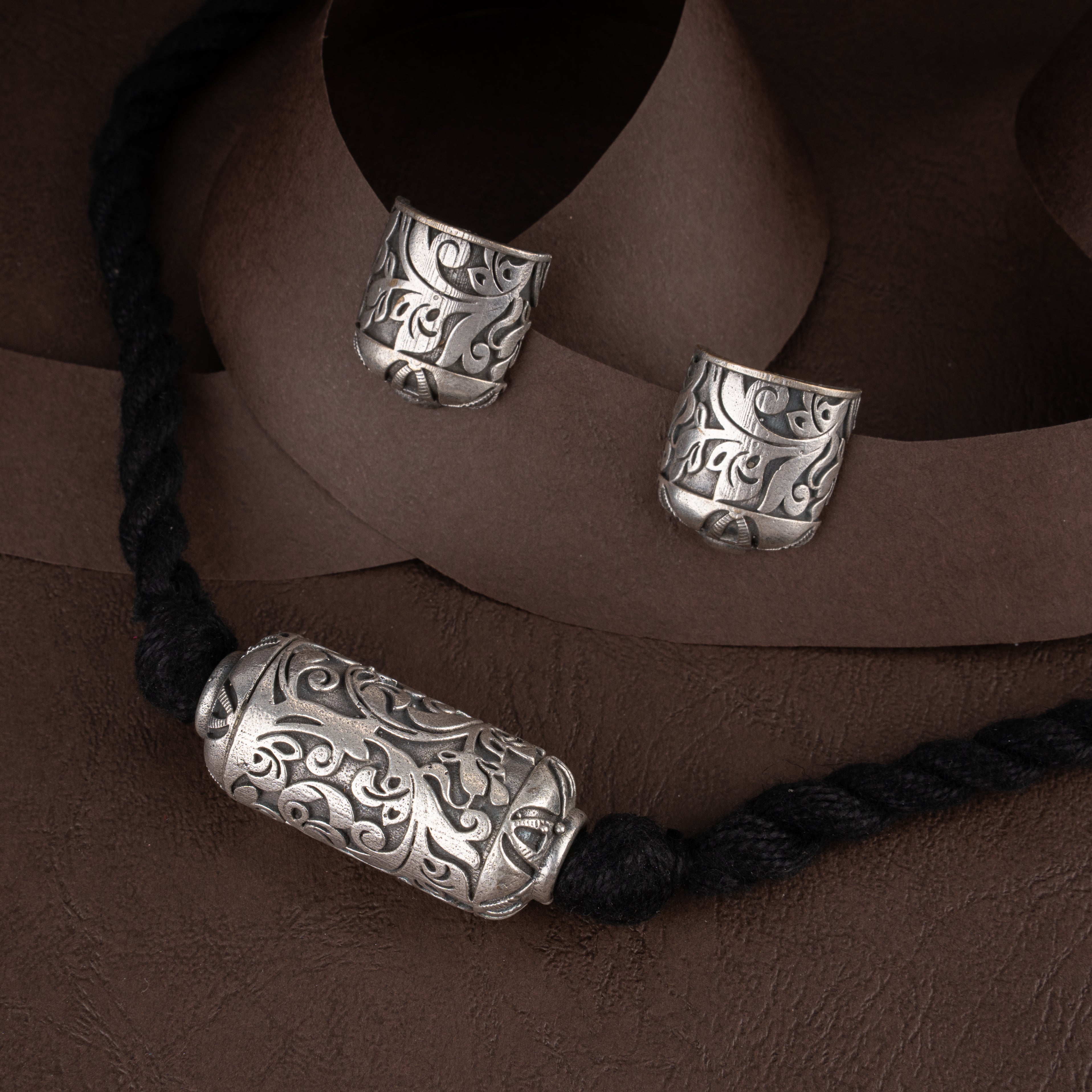 Oxidised Filigree Barrel Bead Pendant Necklace Set with Matching Curved Stud Earrings