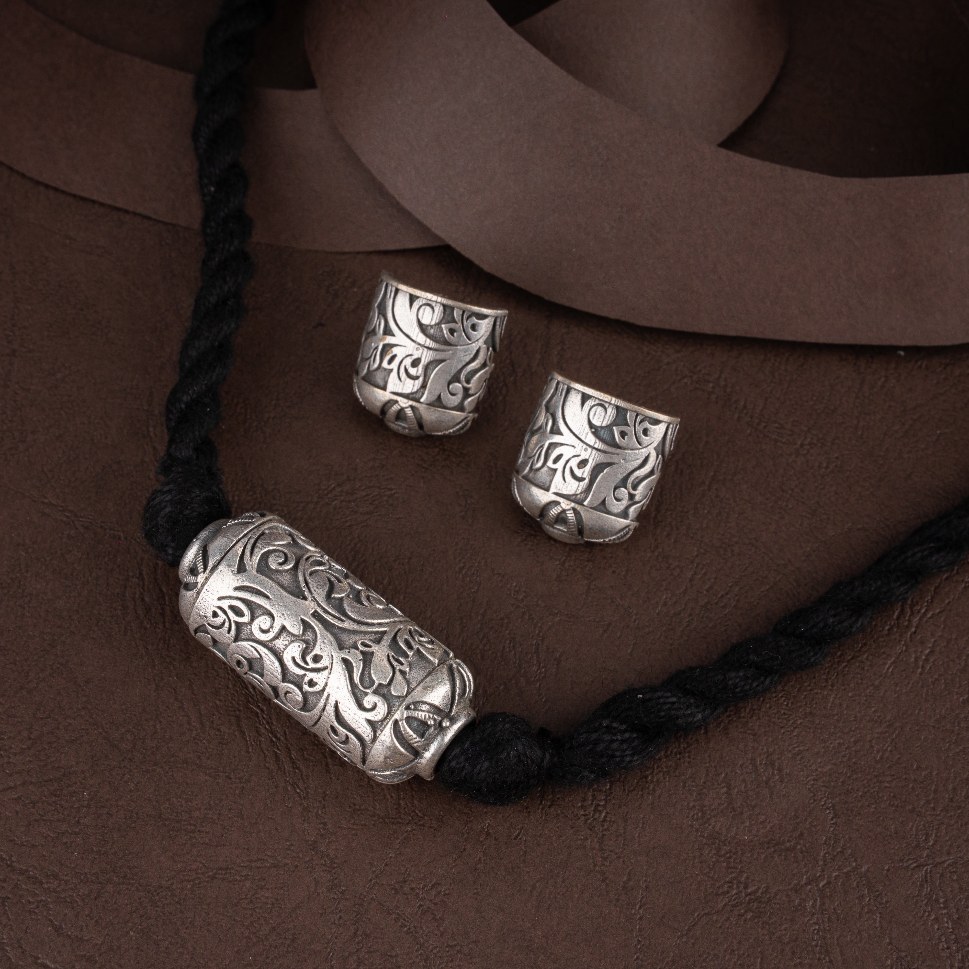 Oxidised Filigree Barrel Bead Pendant Necklace Set with Matching Curved Stud Earrings