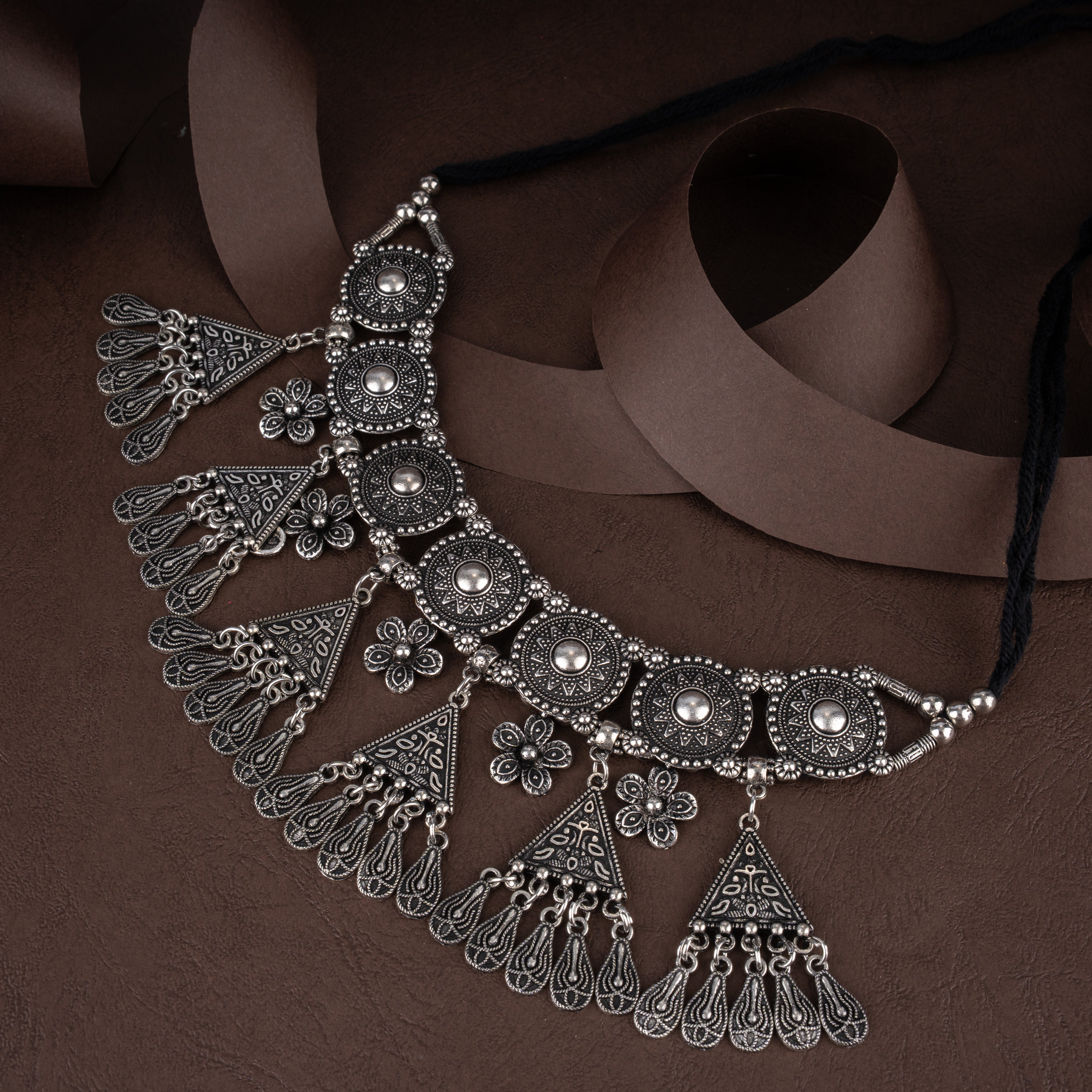 Oxidised Geometric Triangular Bib Choker Necklace Set with Paisley Tassels and Drop Earrings