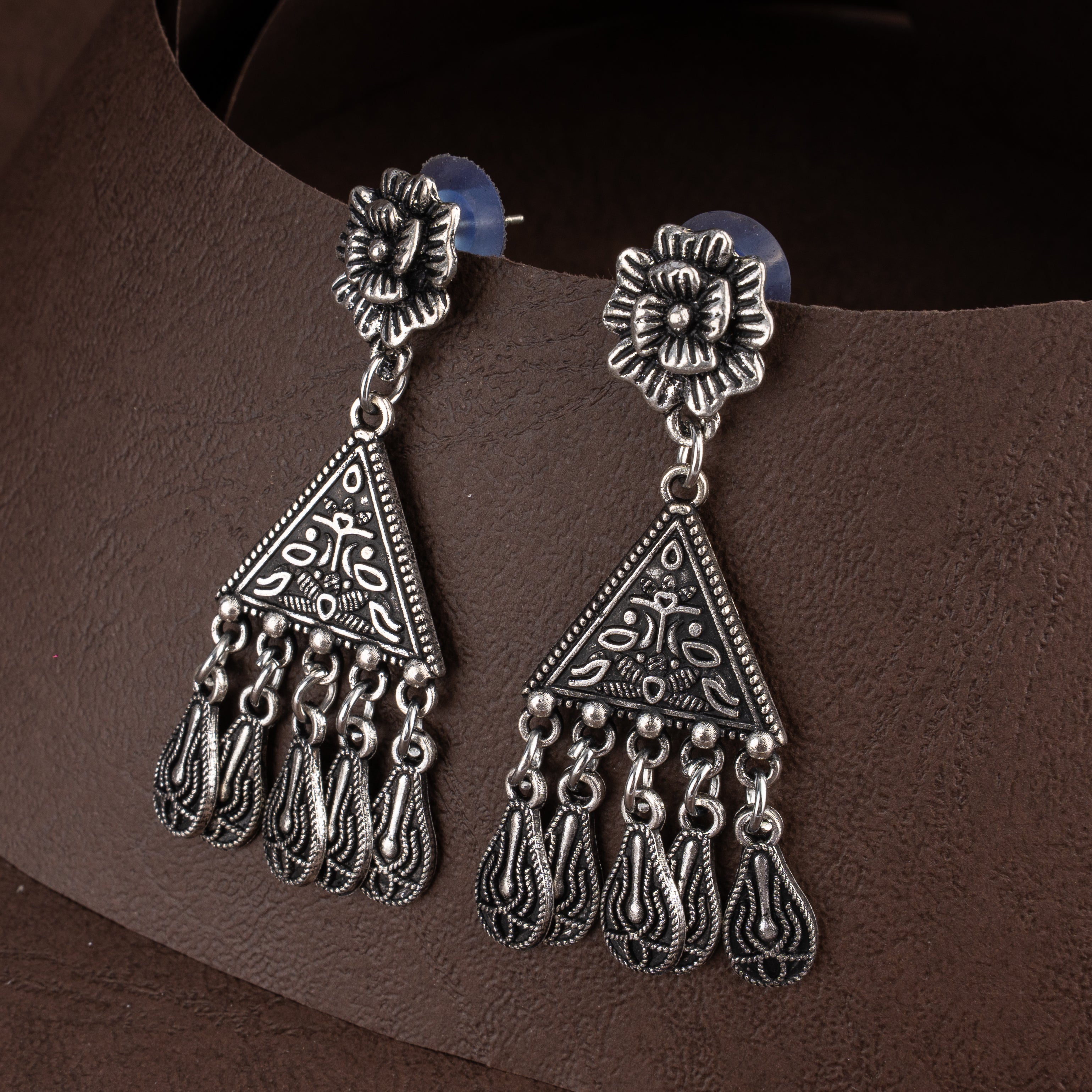 Oxidised Geometric Triangular Bib Choker Necklace Set with Paisley Tassels and Drop Earrings