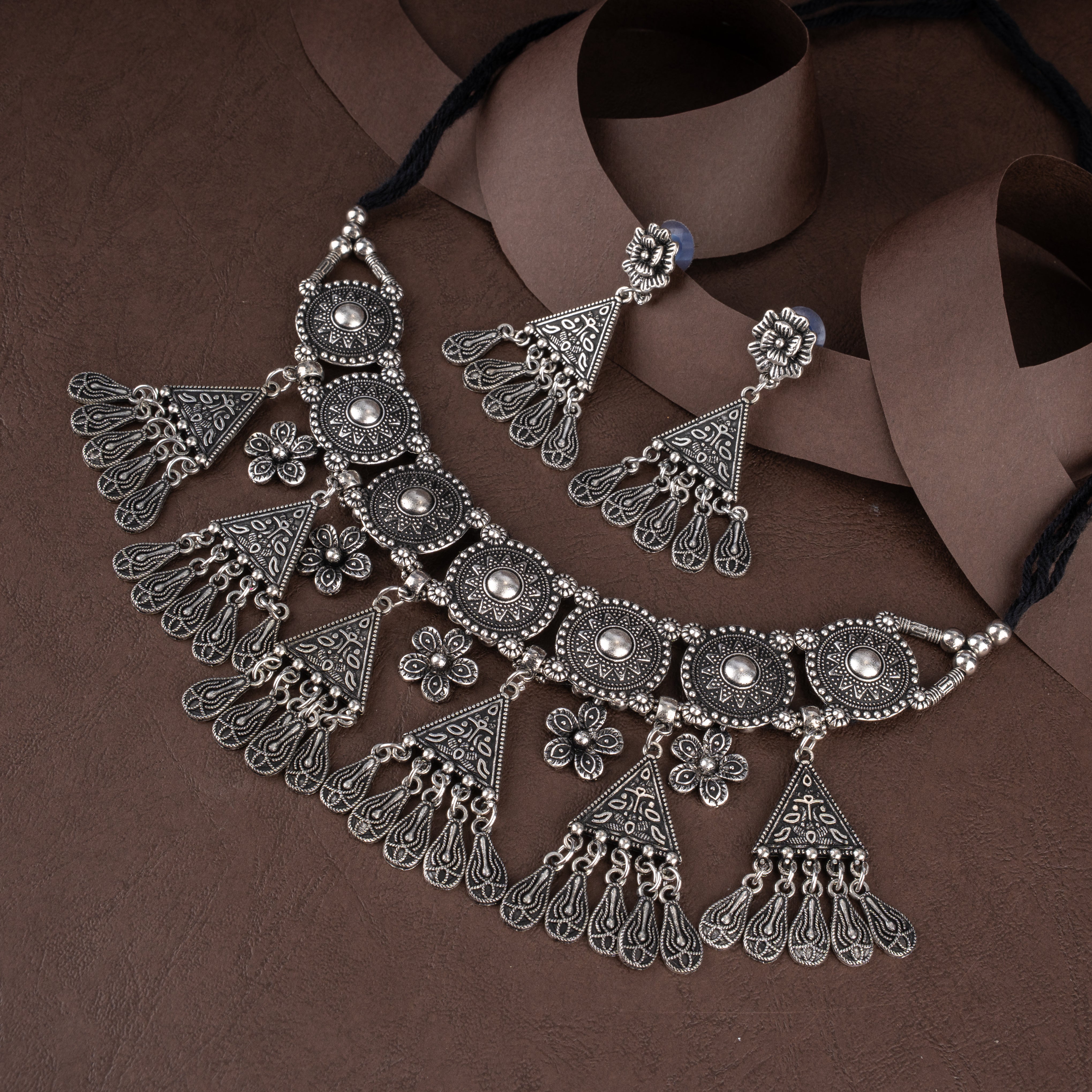 Oxidised Geometric Triangular Bib Choker Necklace Set with Paisley Tassels and Drop Earrings