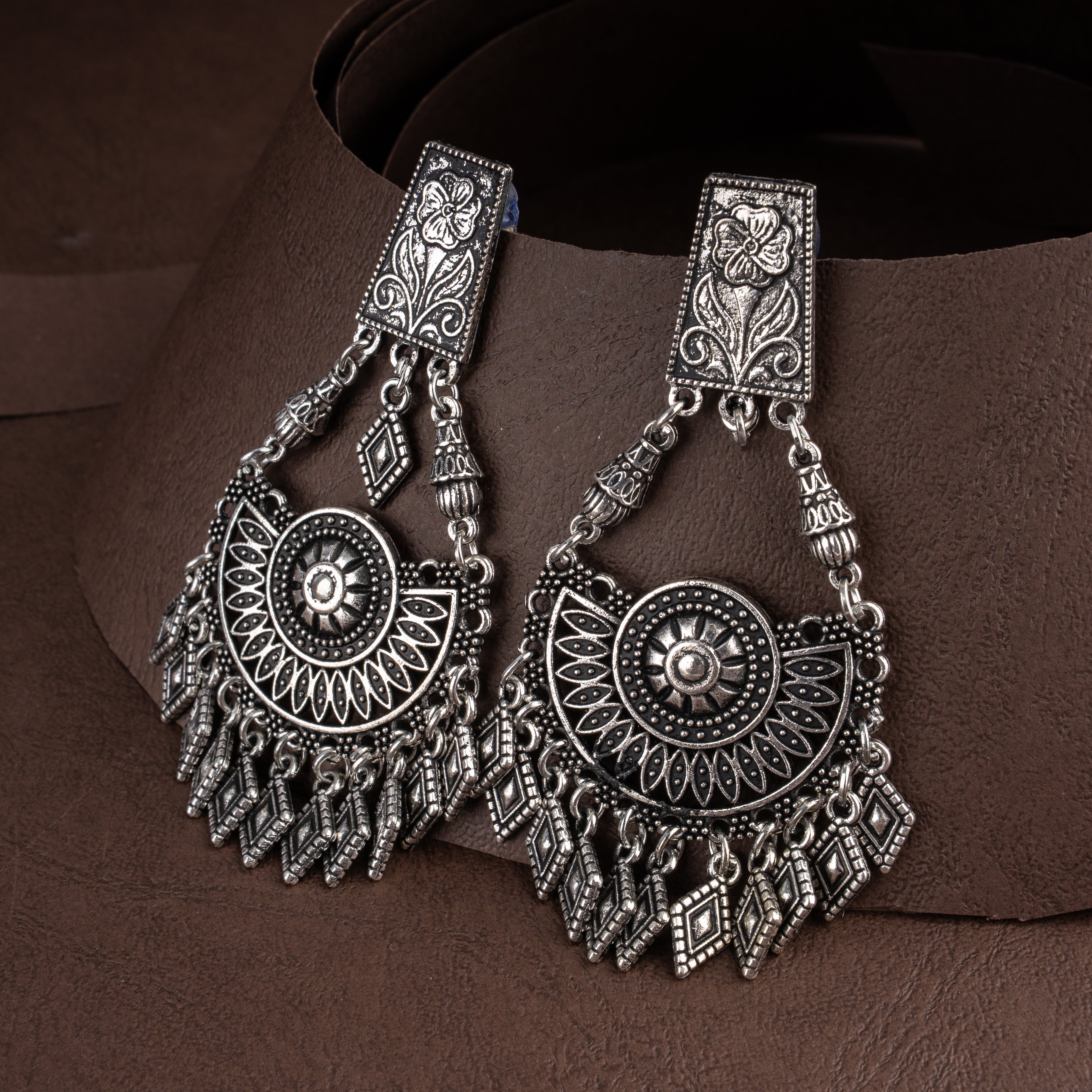 Oxidised Semicircular Mandala Bib Collar Necklace Set with Geometric Diamond Fringe