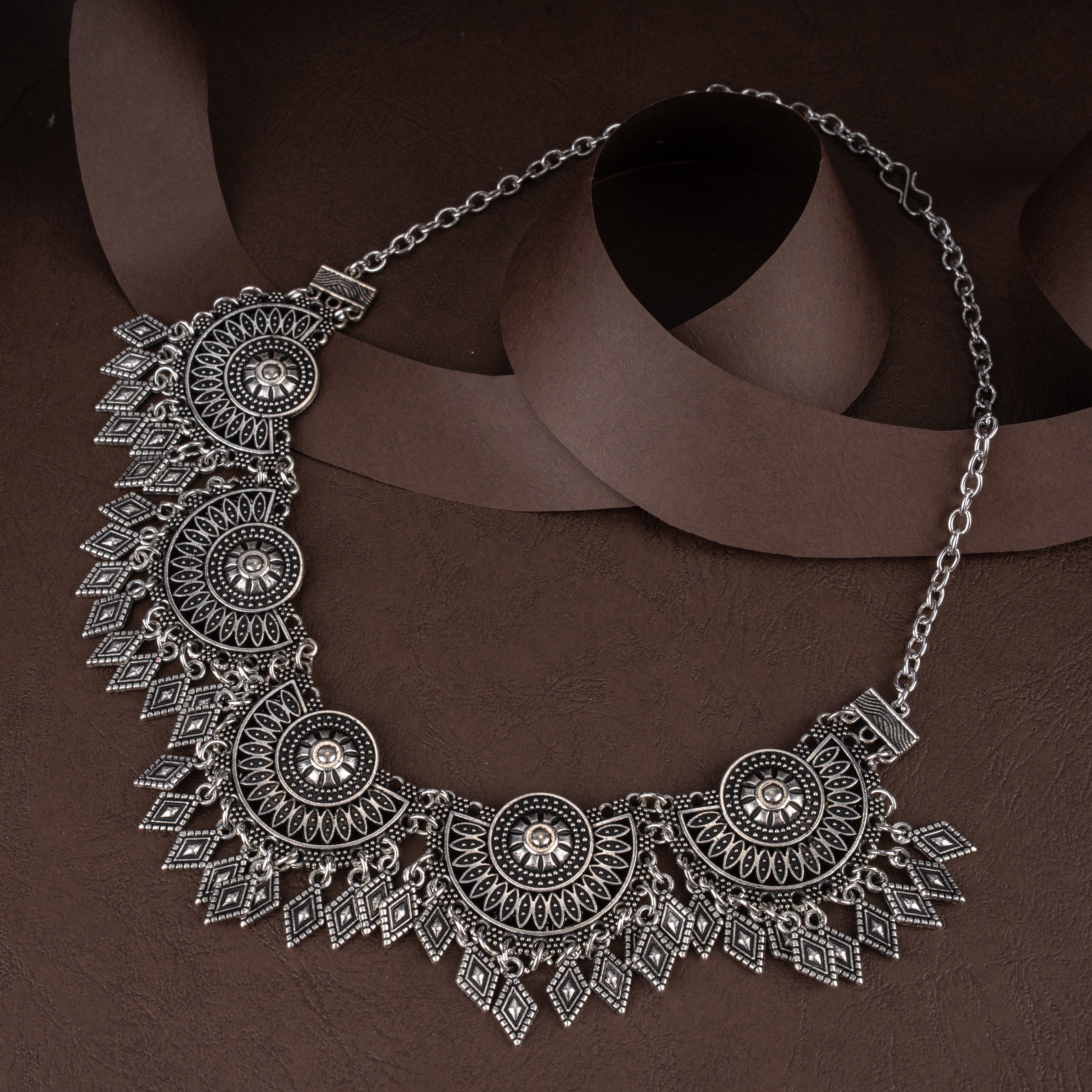 Oxidised Semicircular Mandala Bib Collar Necklace Set with Geometric Diamond Fringe