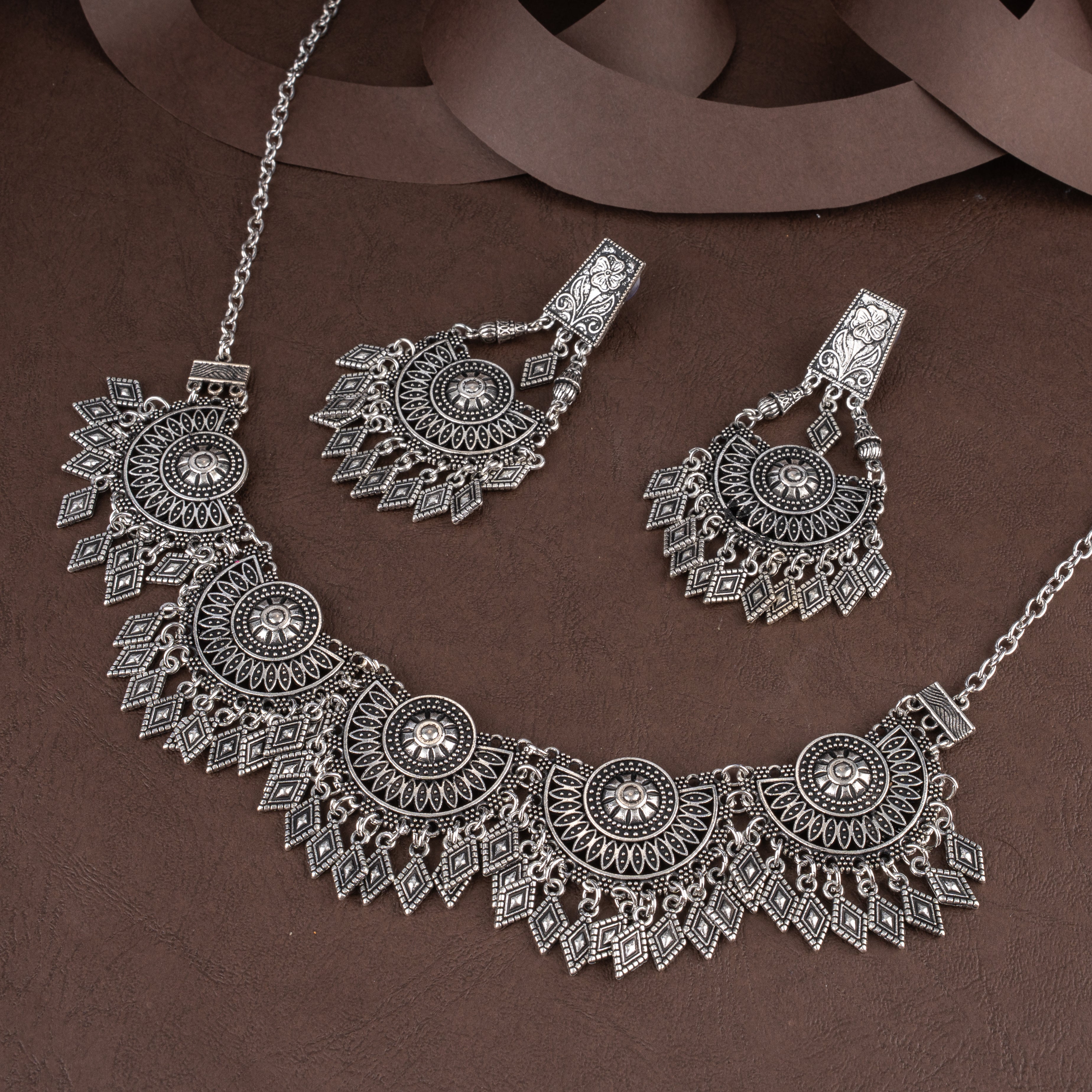 Oxidised Semicircular Mandala Bib Collar Necklace Set with Geometric Diamond Fringe
