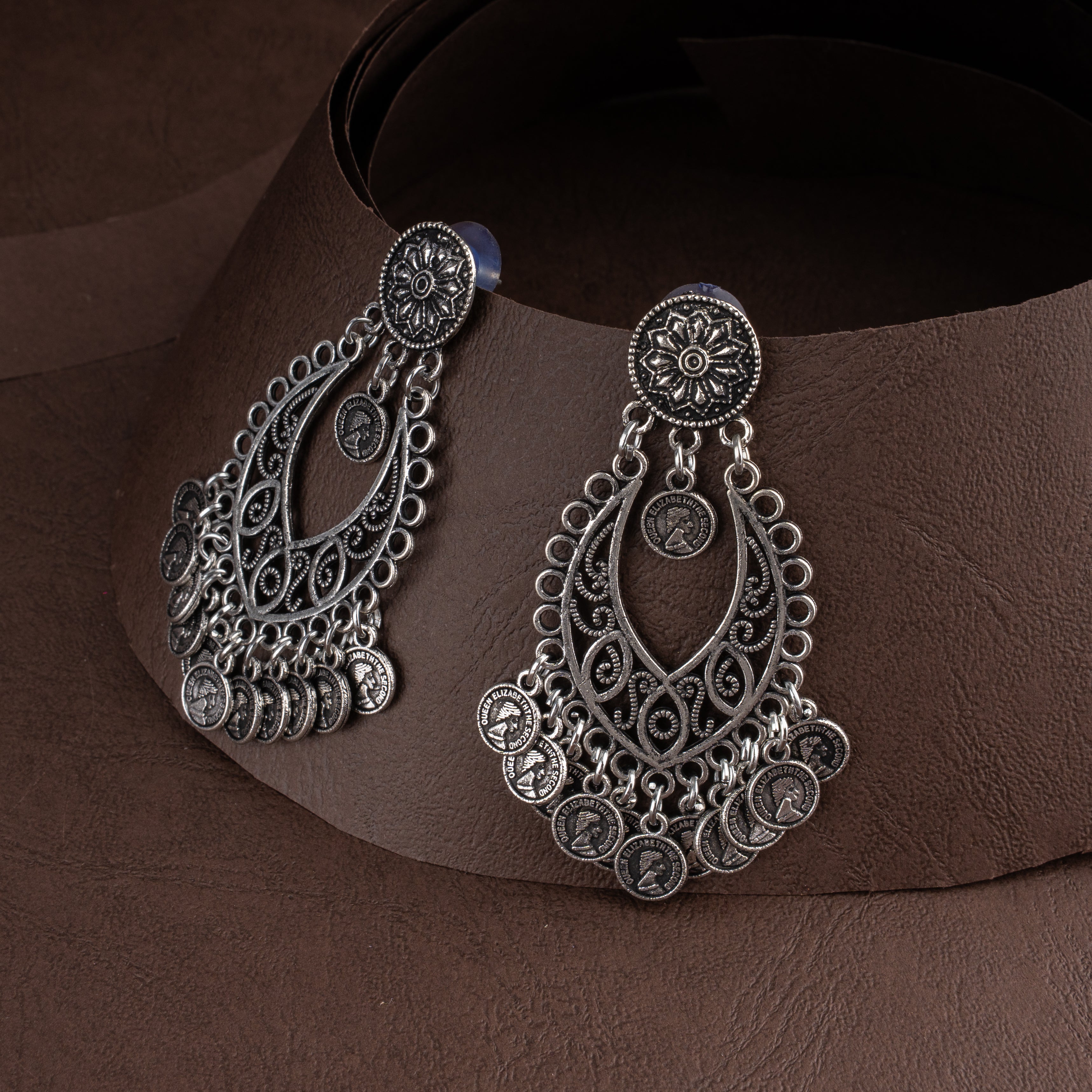Oxidised Filigree Teardrop Coin Choker Necklace Set with Chandbali Drop Earrings