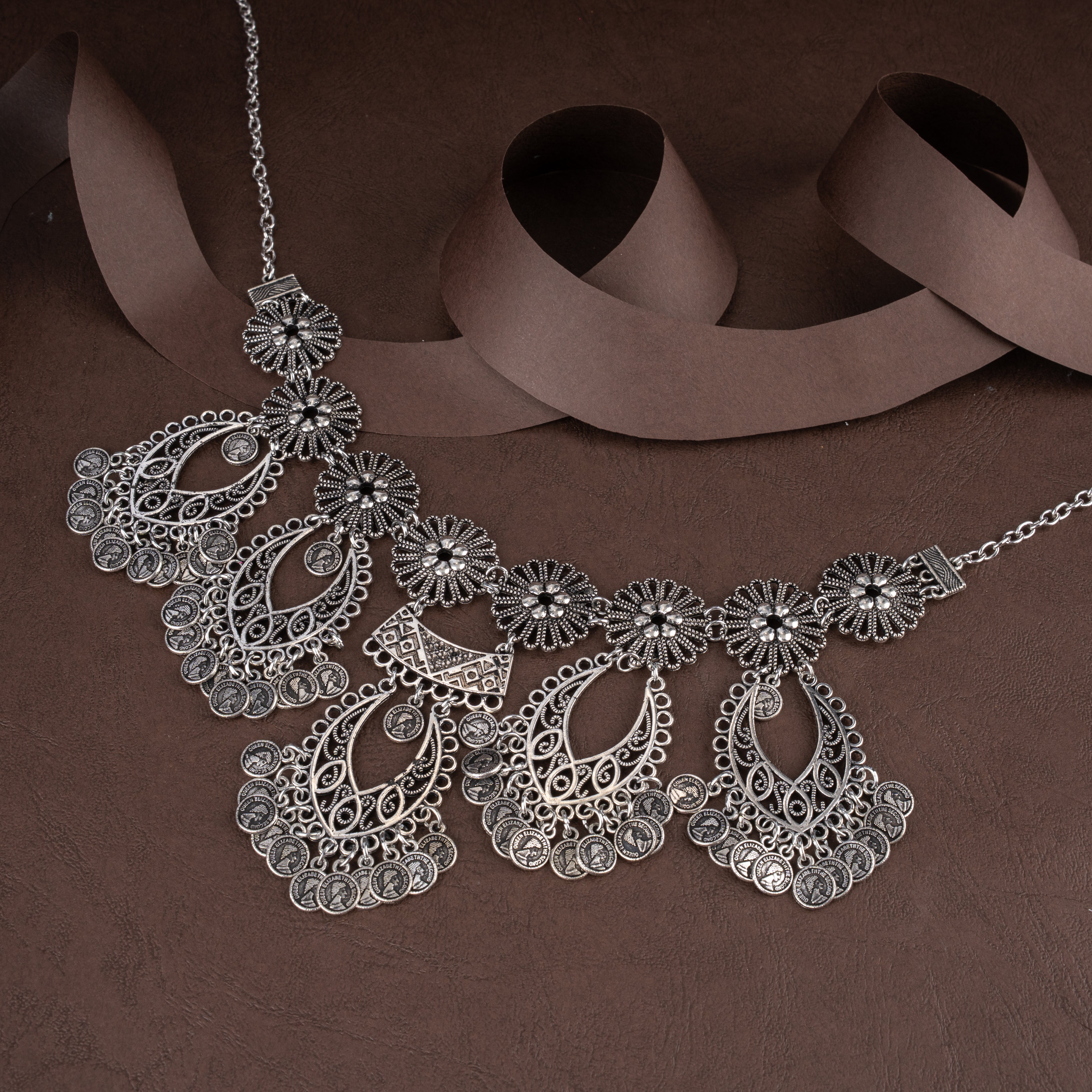 Oxidised Filigree Teardrop Coin Choker Necklace Set with Chandbali Drop Earrings