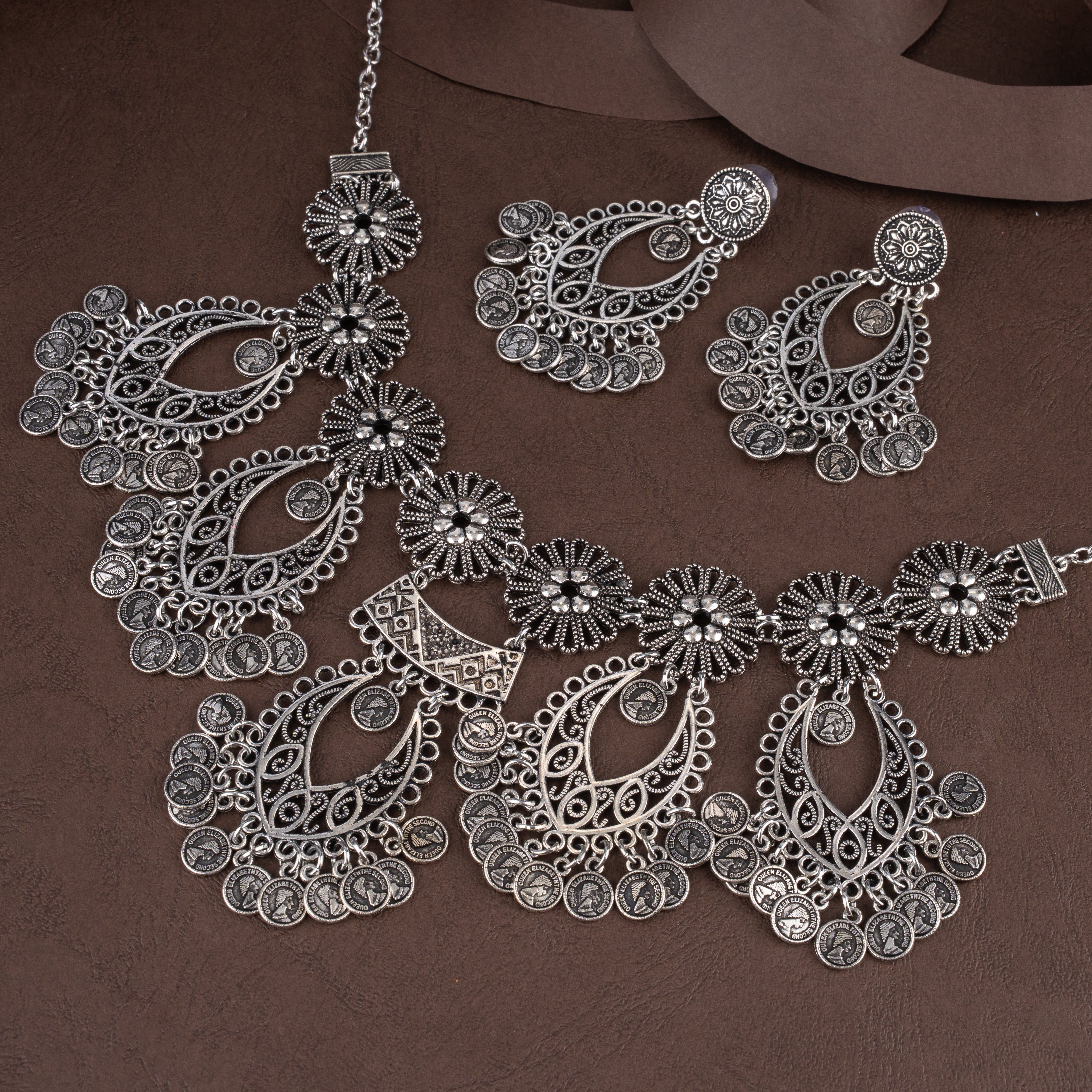 Oxidised Filigree Teardrop Coin Choker Necklace Set with Chandbali Drop Earrings