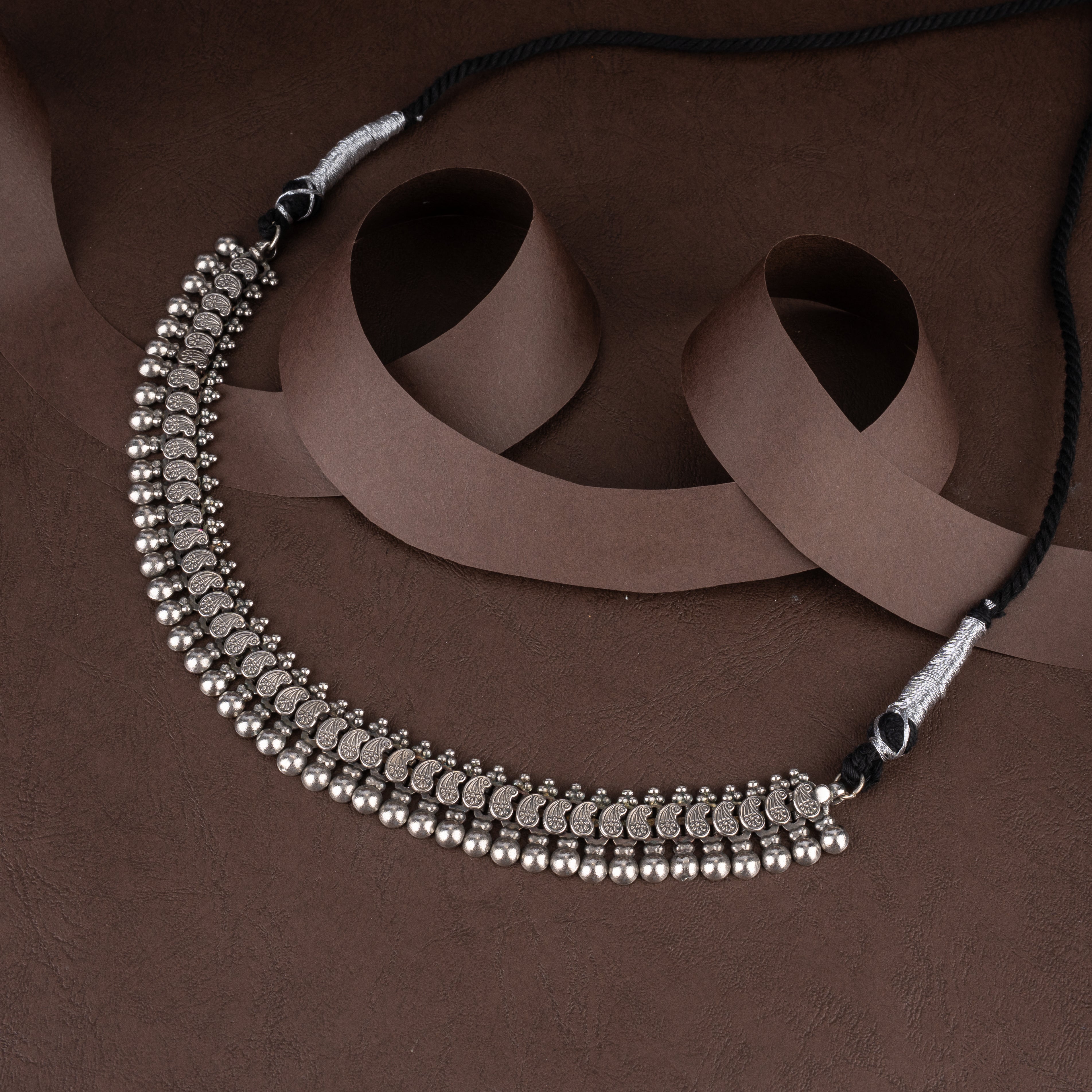 Oxidised Paisley Motif Beaded Choker Necklace Set with Coordinating Stud Earrings
