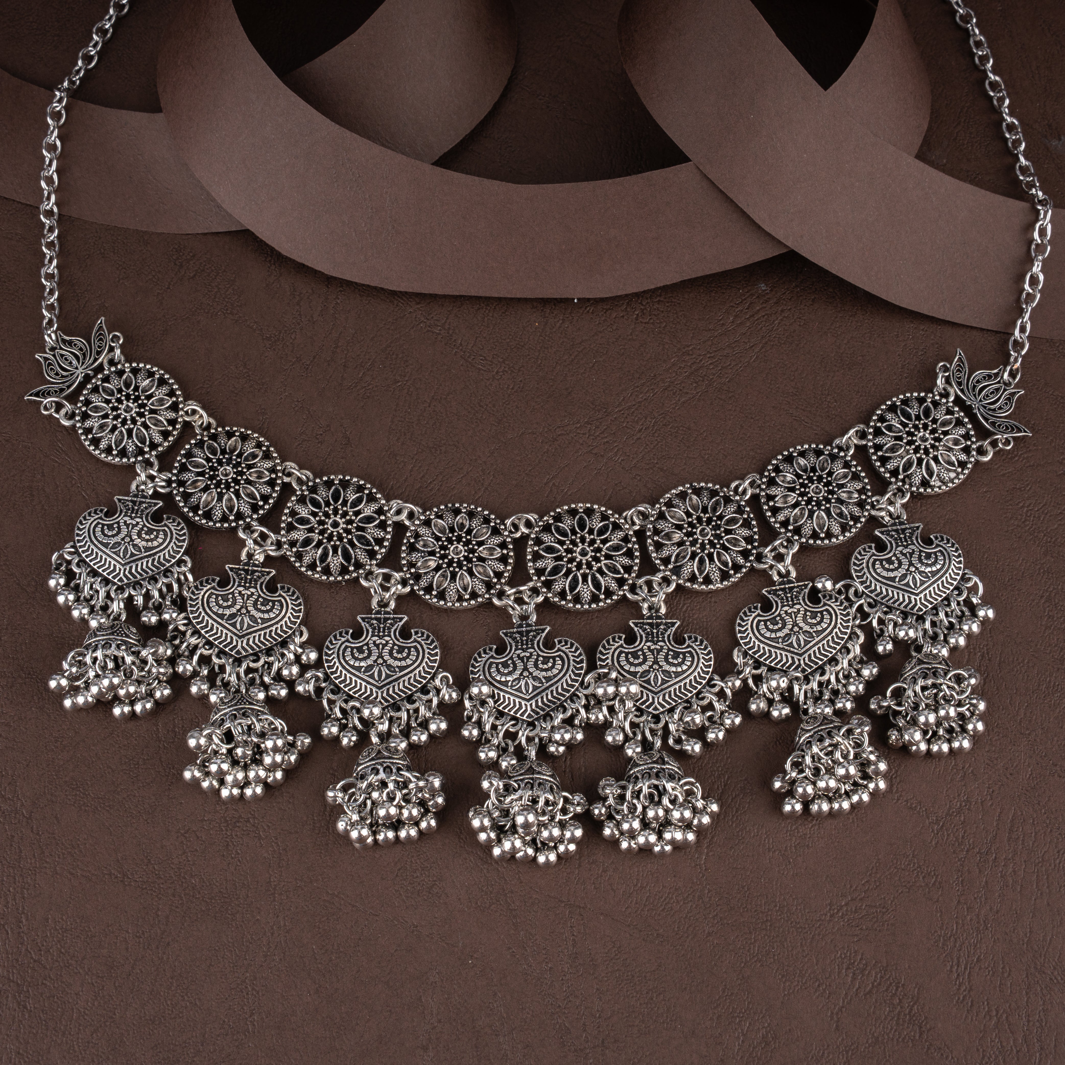 Oxidised Filigree Mandala Choker Necklace Set with Paisley Plaques and Jhumki Drops