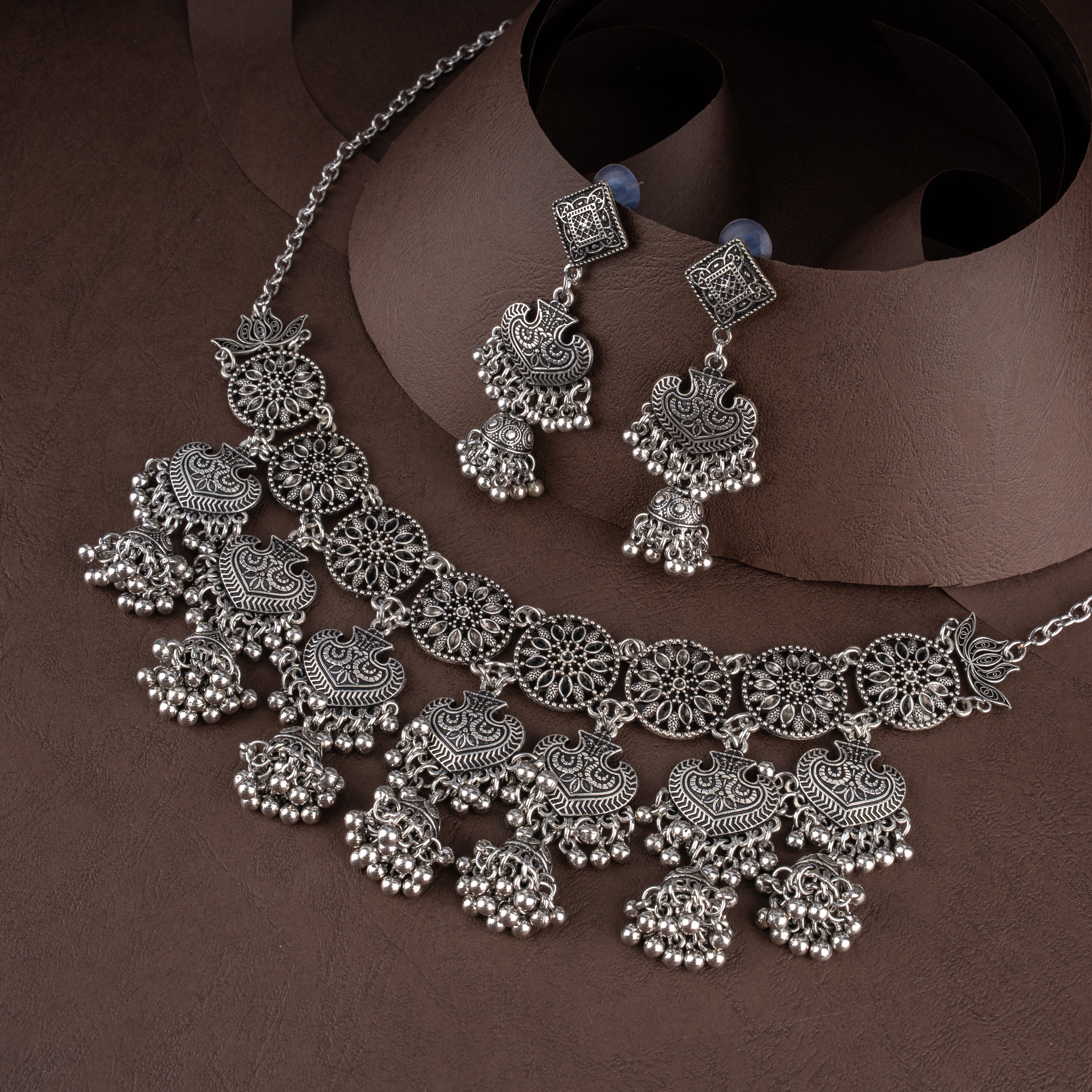 Oxidised Filigree Mandala Choker Necklace Set with Paisley Plaques and Jhumki Drops