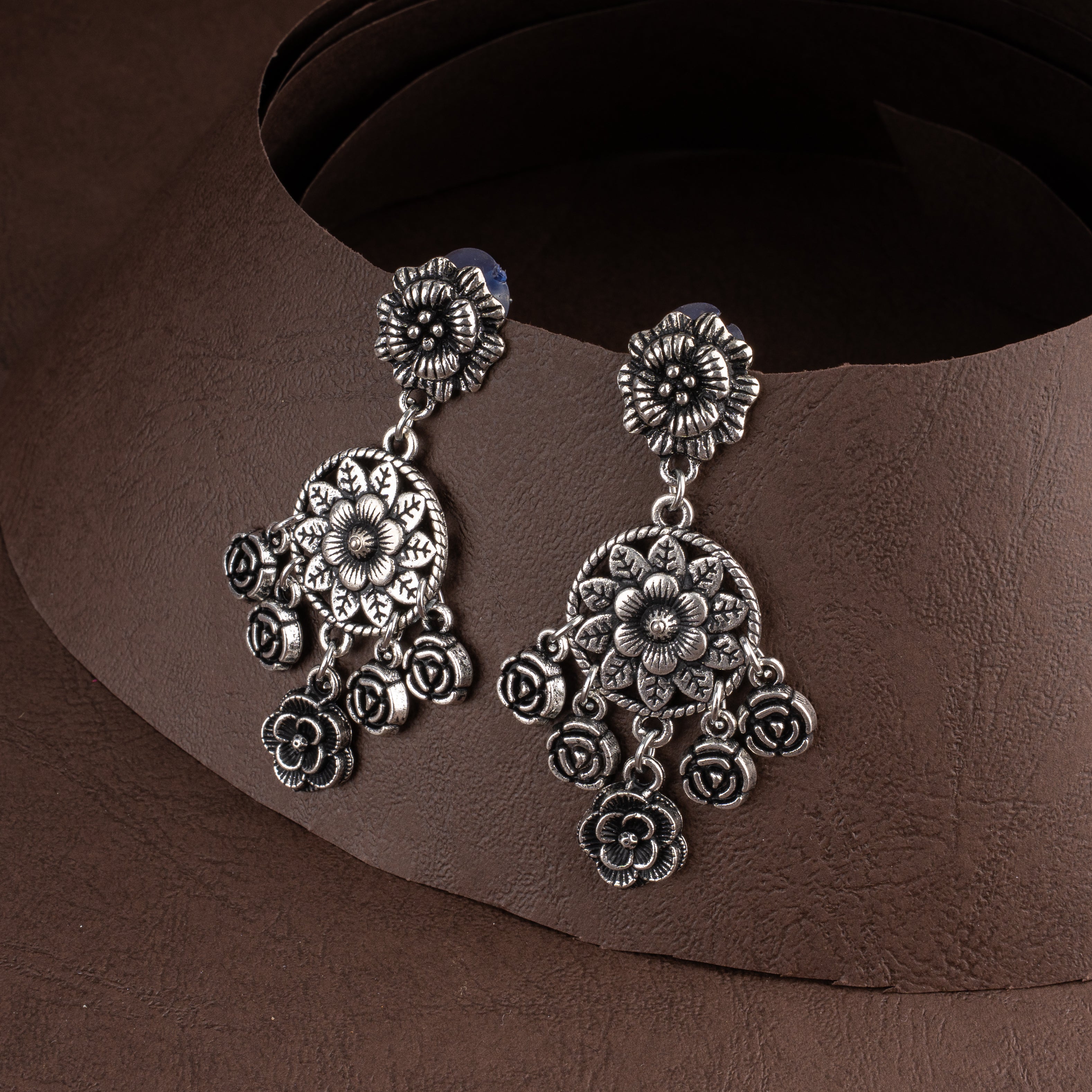Oxidised Floral Mandala Medallion Asymmetrical Bib Necklace Set with Drop Earrings