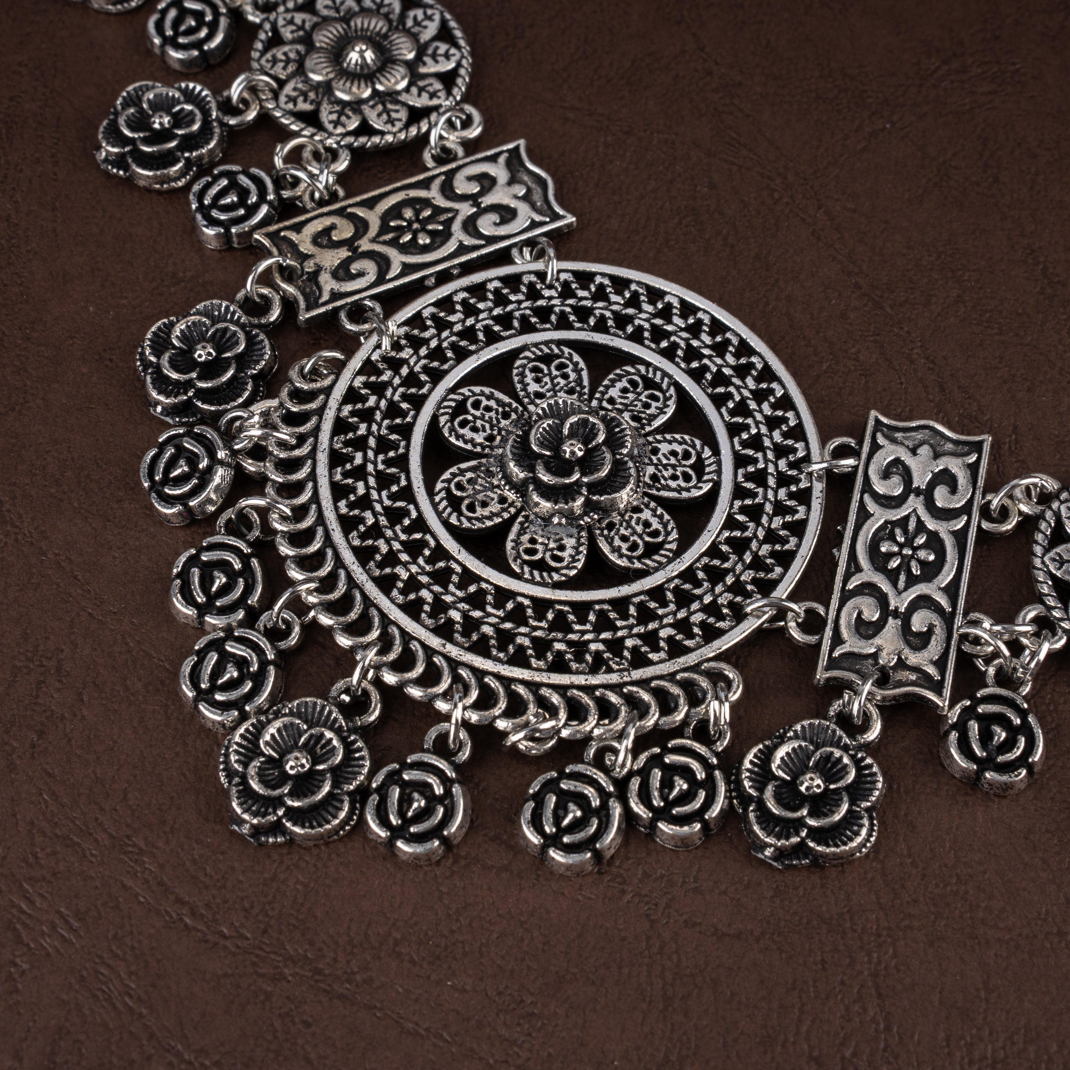 Oxidised Floral Mandala Medallion Asymmetrical Bib Necklace Set with Drop Earrings