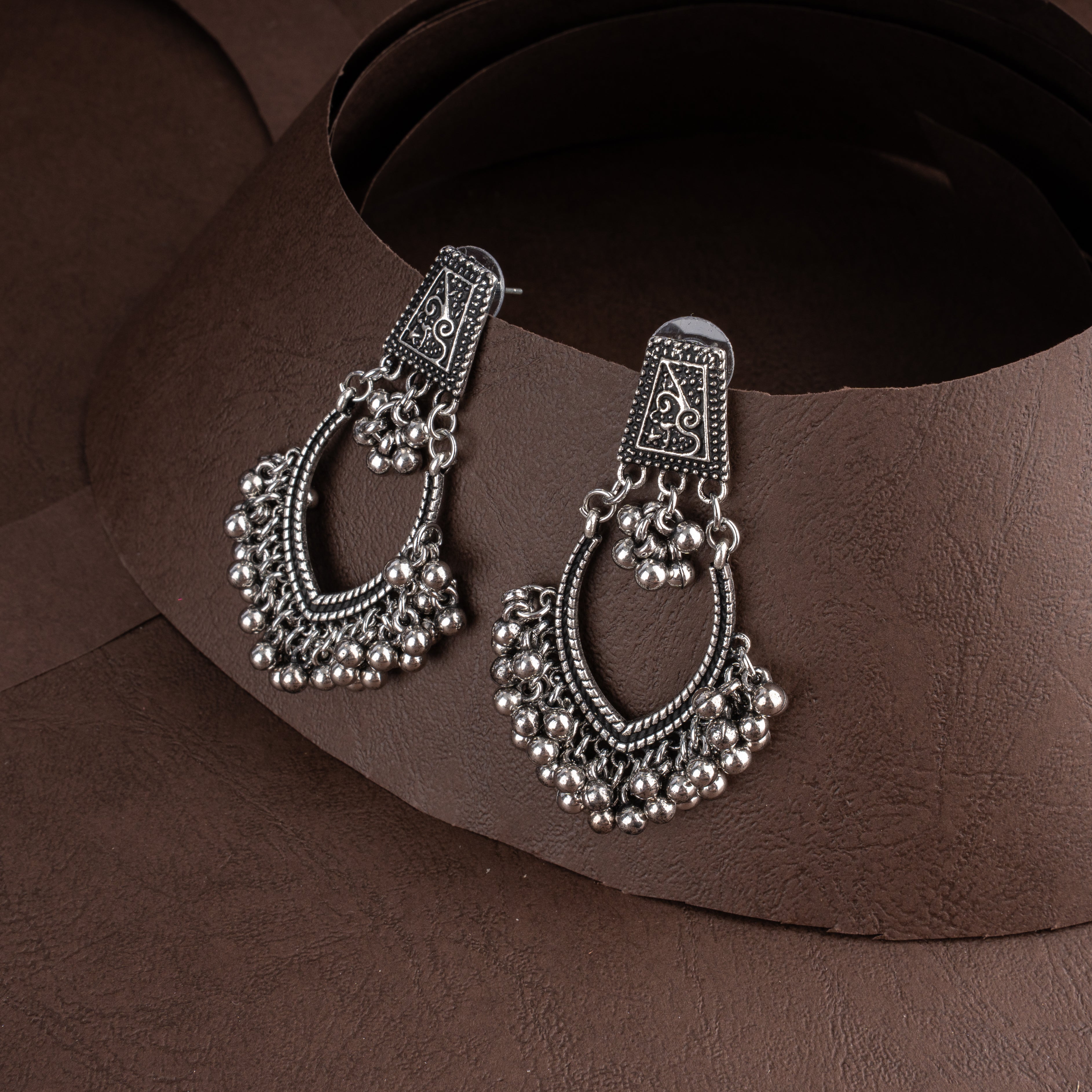 Oxidised Openwork Teardrop Fringe Choker Necklace Set with Ghungroo Bells and Drop Earrings