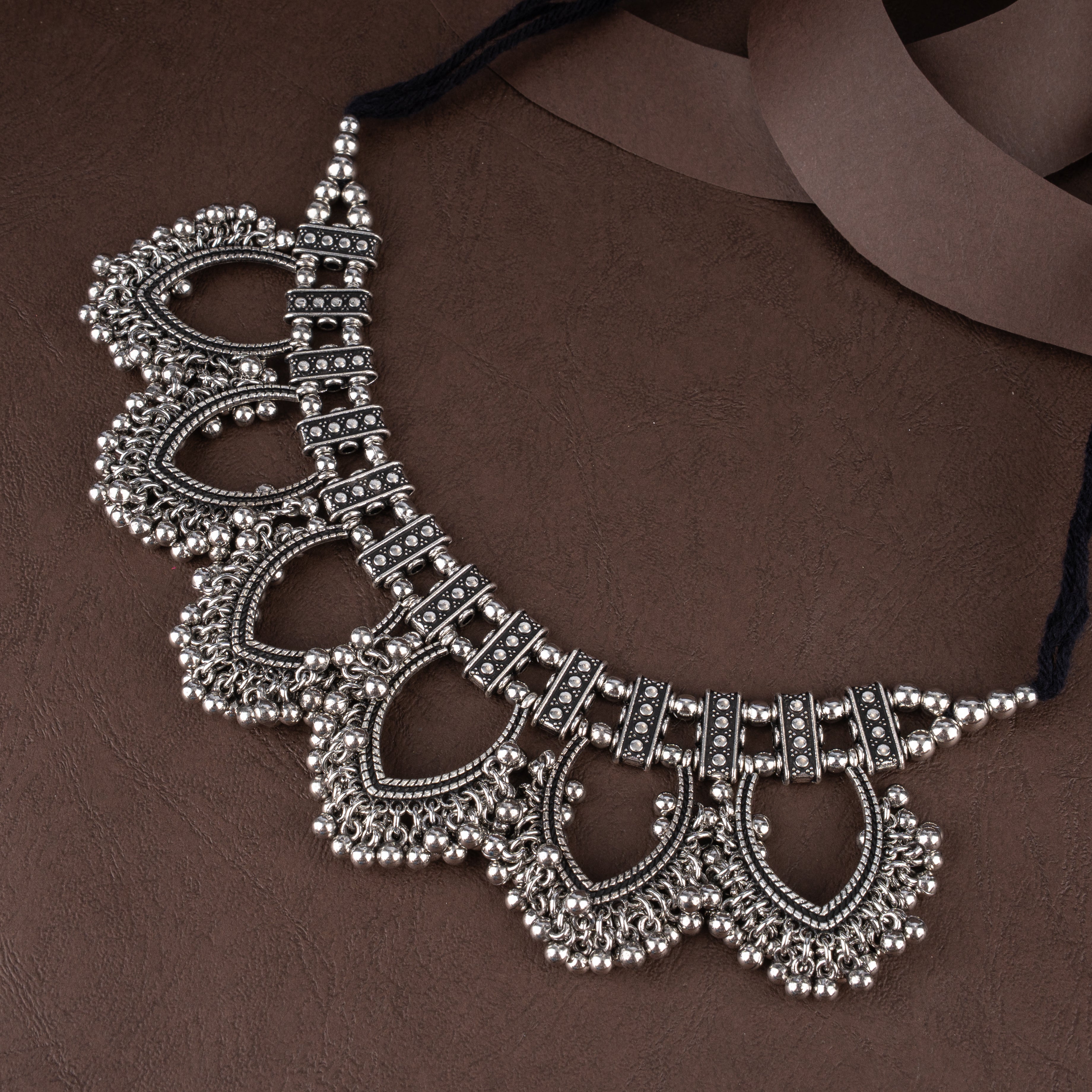 Oxidised Openwork Teardrop Fringe Choker Necklace Set with Ghungroo Bells and Drop Earrings
