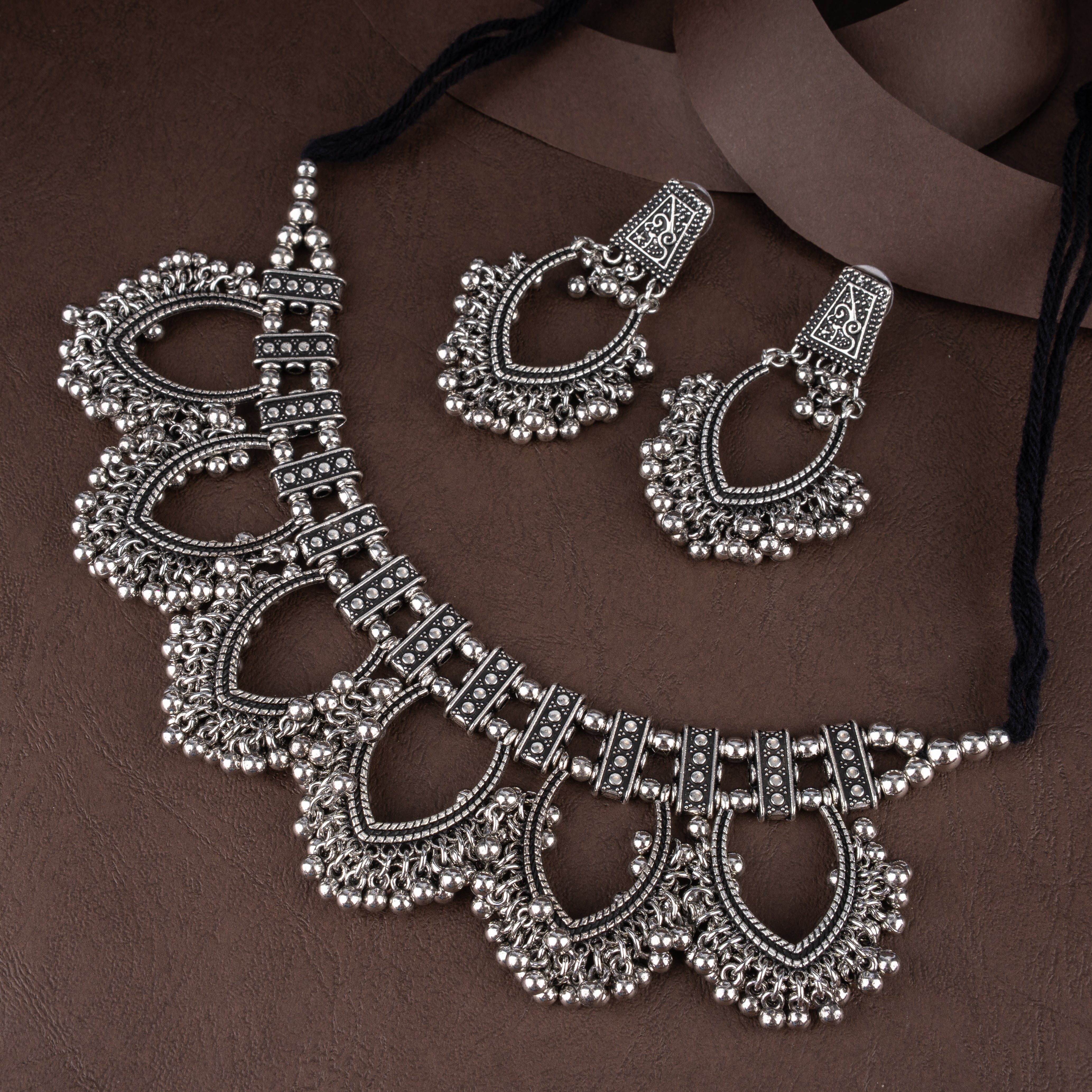 Oxidised Openwork Teardrop Fringe Choker Necklace Set with Ghungroo Bells and Drop Earrings