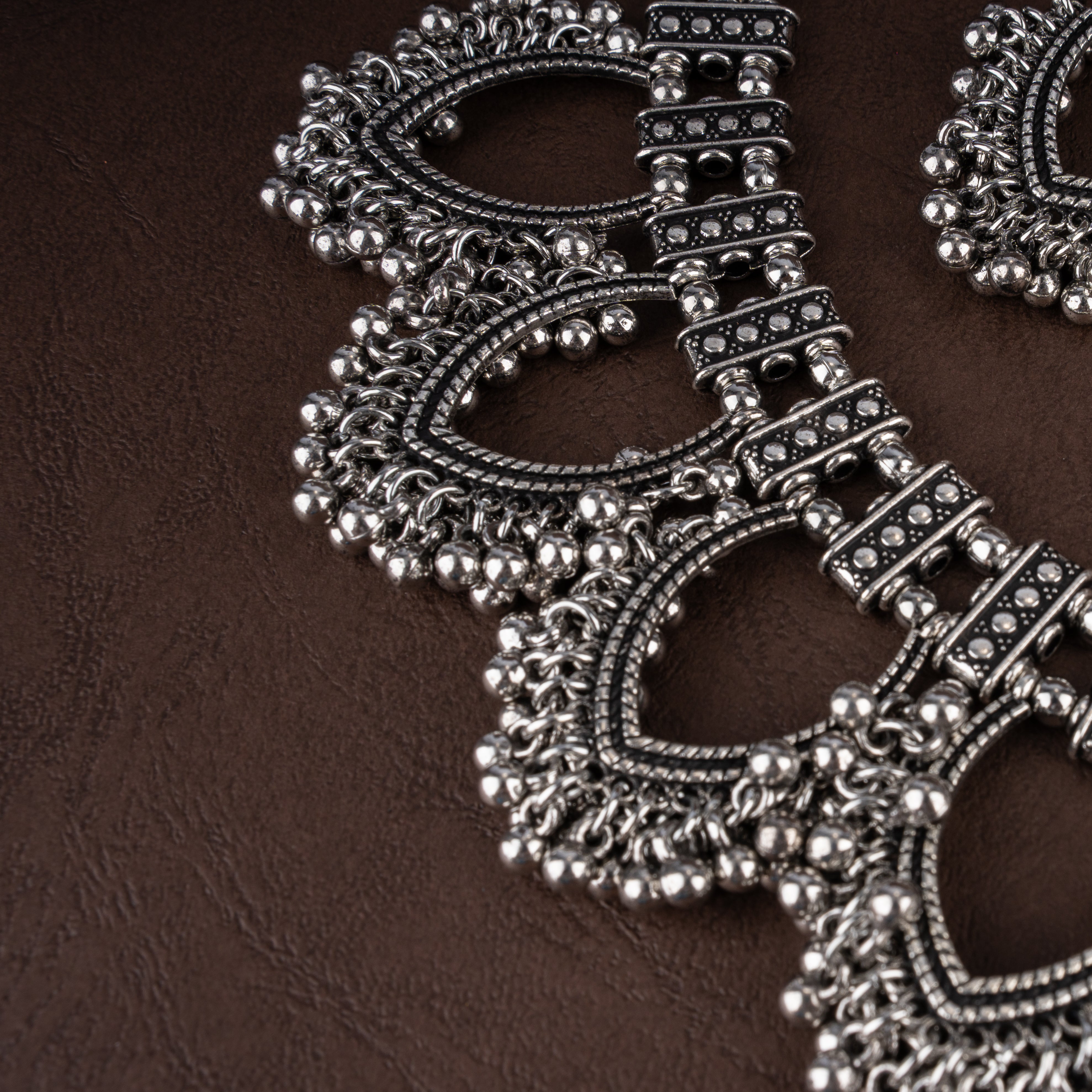 Oxidised Openwork Teardrop Fringe Choker Necklace Set with Ghungroo Bells and Drop Earrings