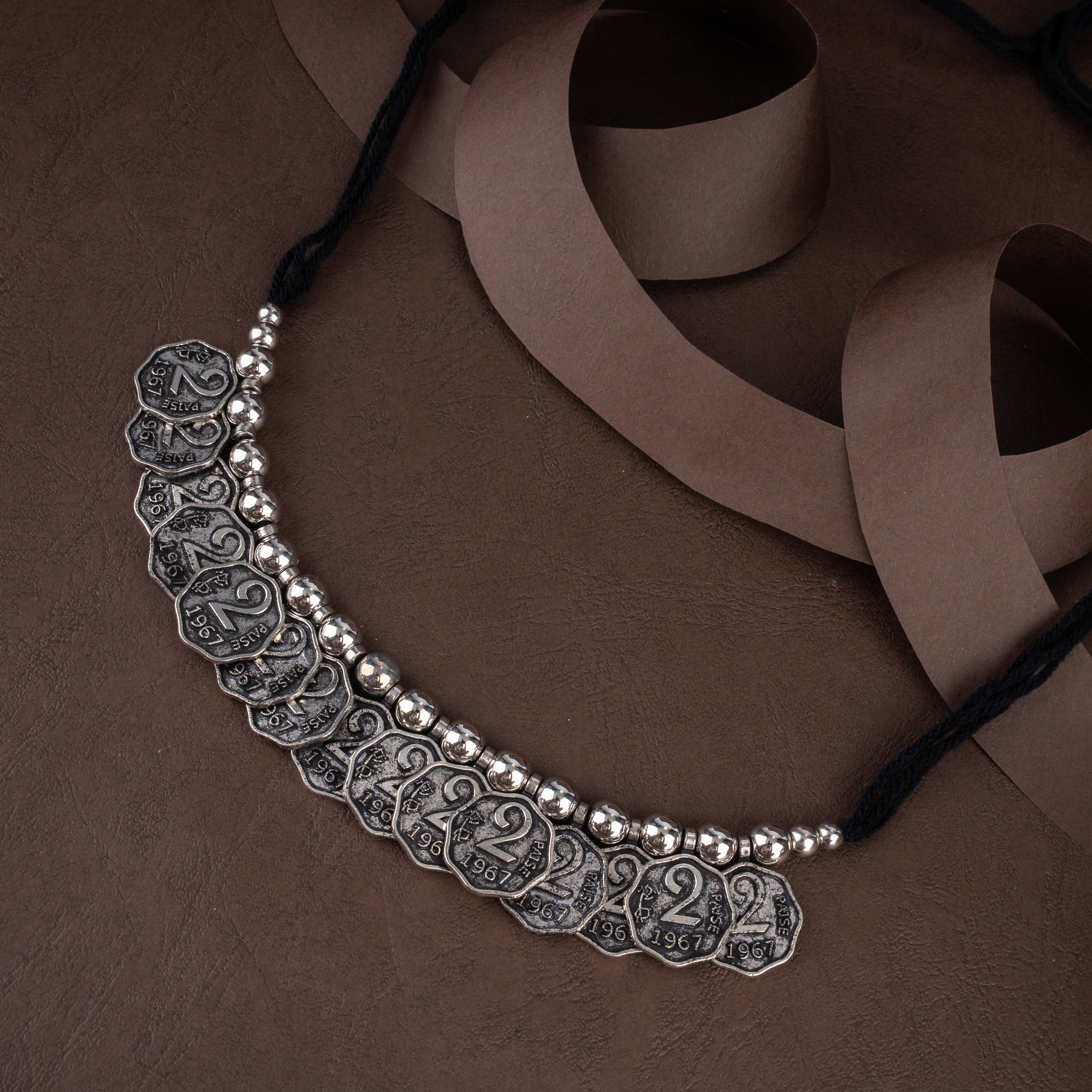 Oxidised Vintage Scalloped Coin Choker Necklace Set with Beaded Strand and Coin Hook Earrings