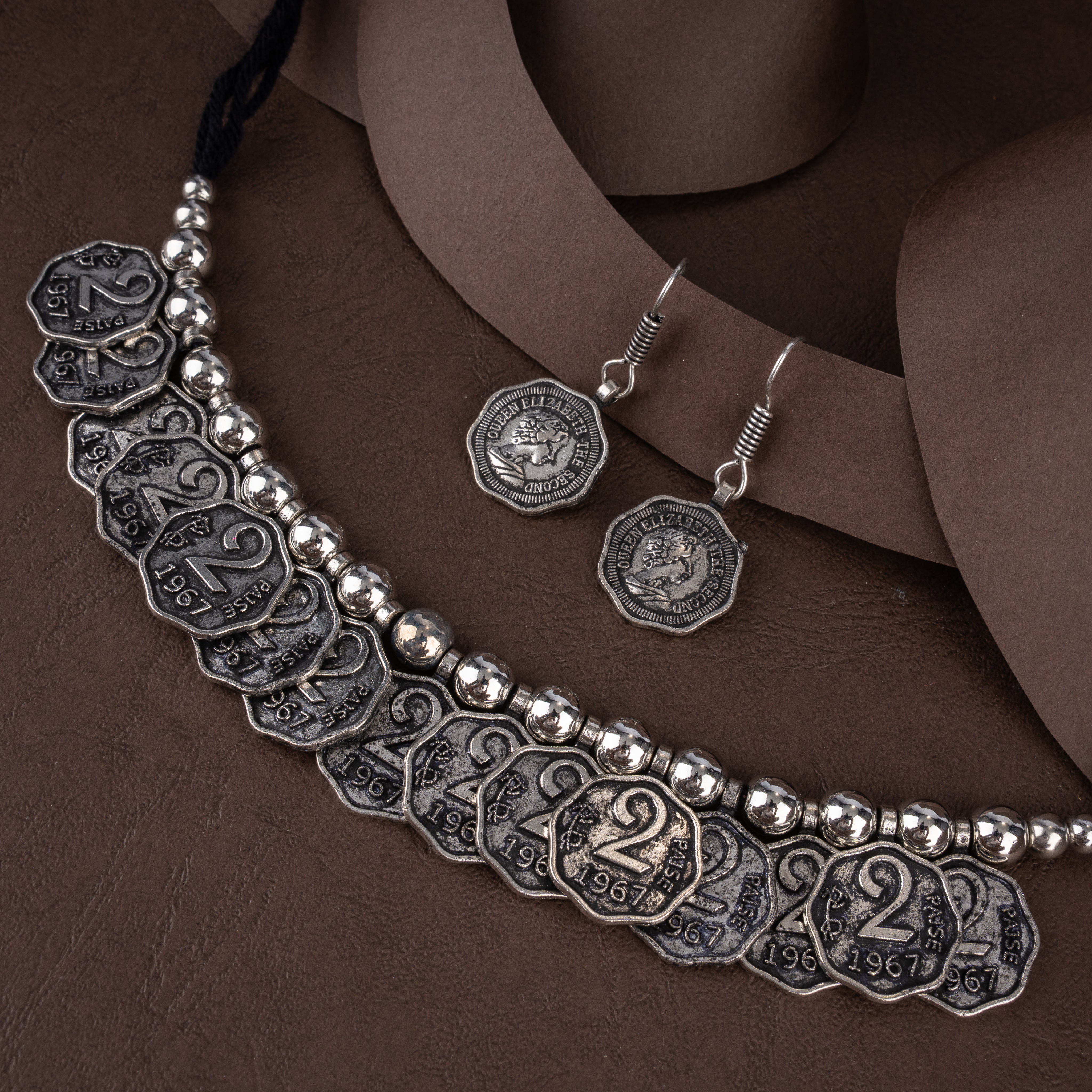 Oxidised Vintage Scalloped Coin Choker Necklace Set with Beaded Strand and Coin Hook Earrings