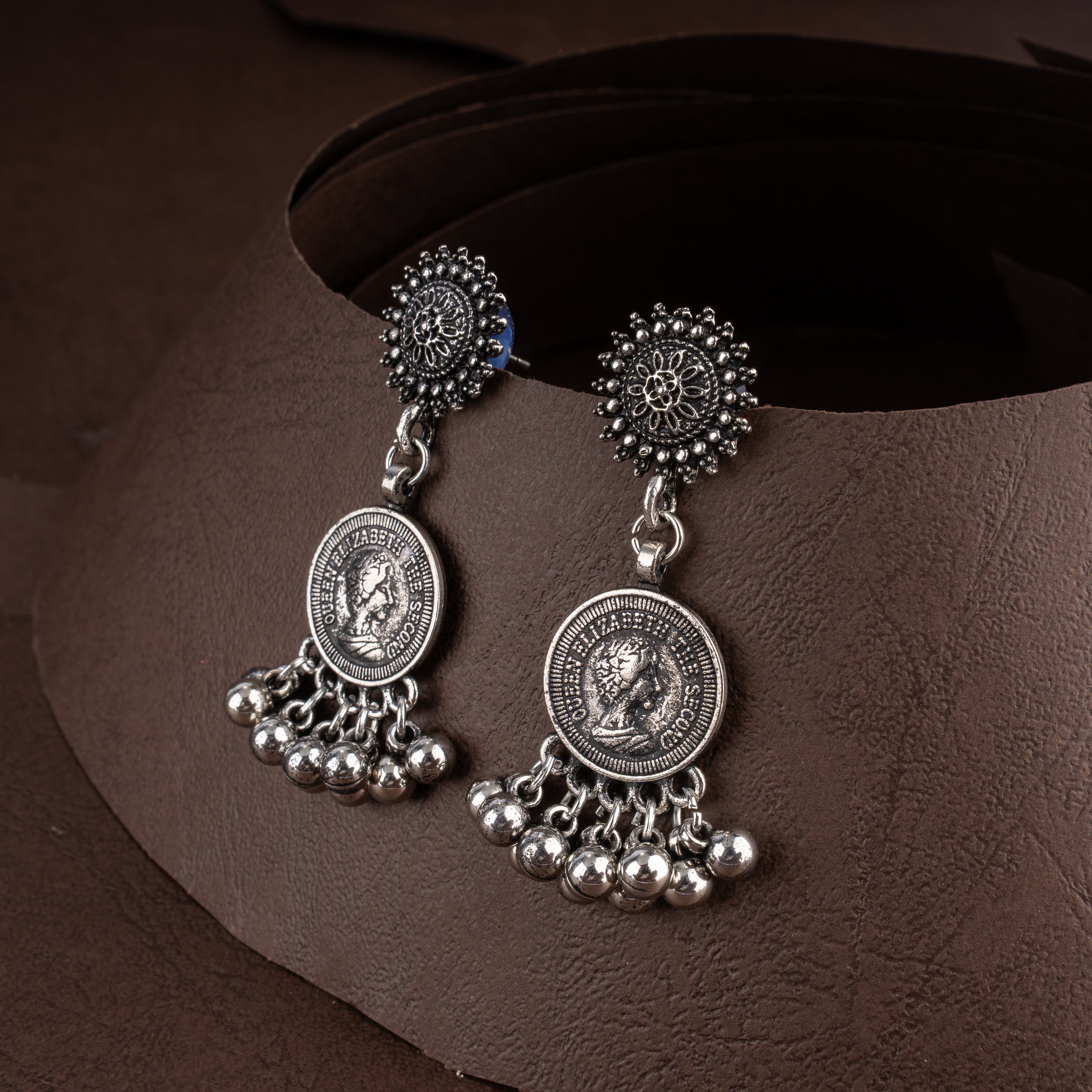 Oxidised Filigree Scroll Coin Choker Necklace Set with Ghungroo Bell Clusters
