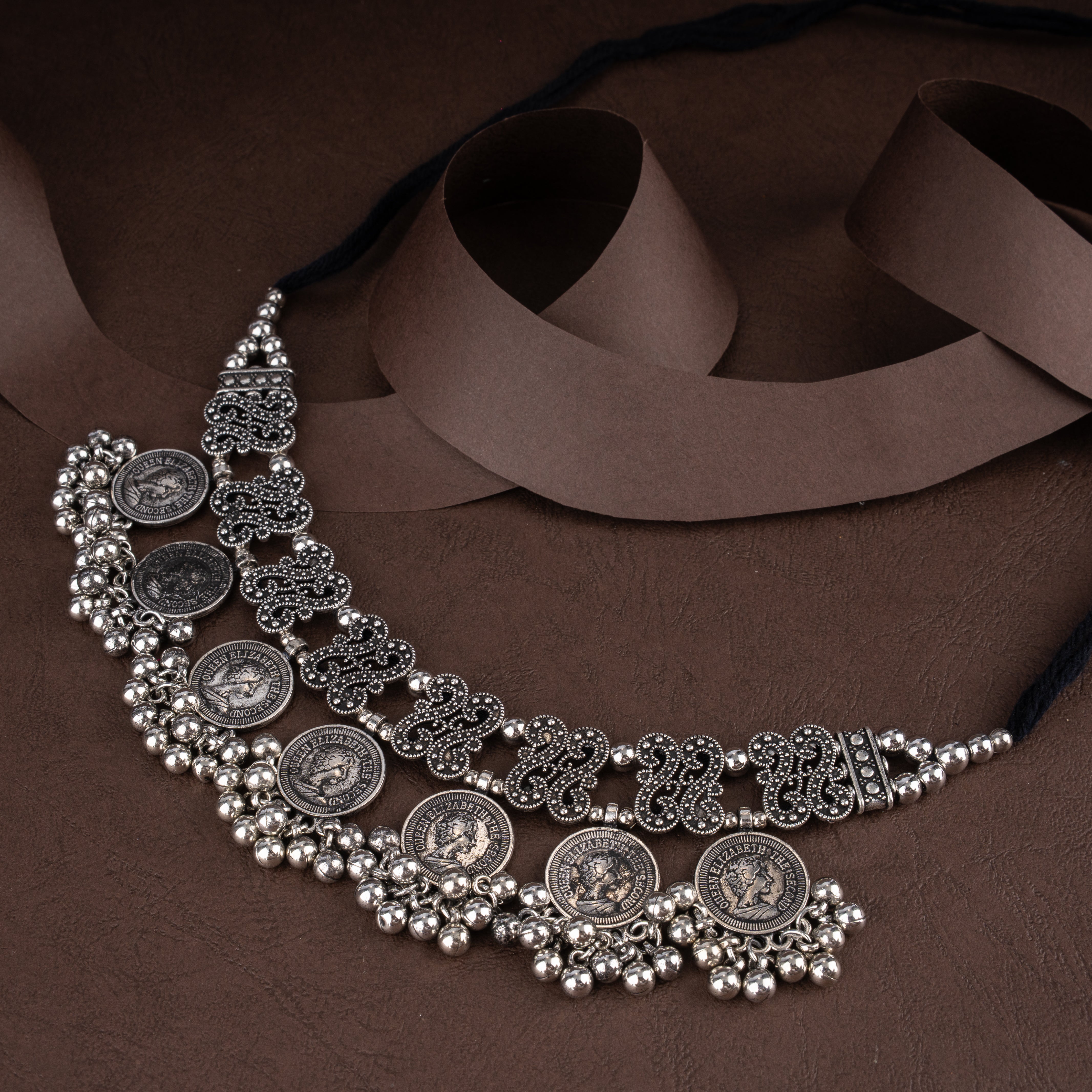 Oxidised Filigree Scroll Coin Choker Necklace Set with Ghungroo Bell Clusters