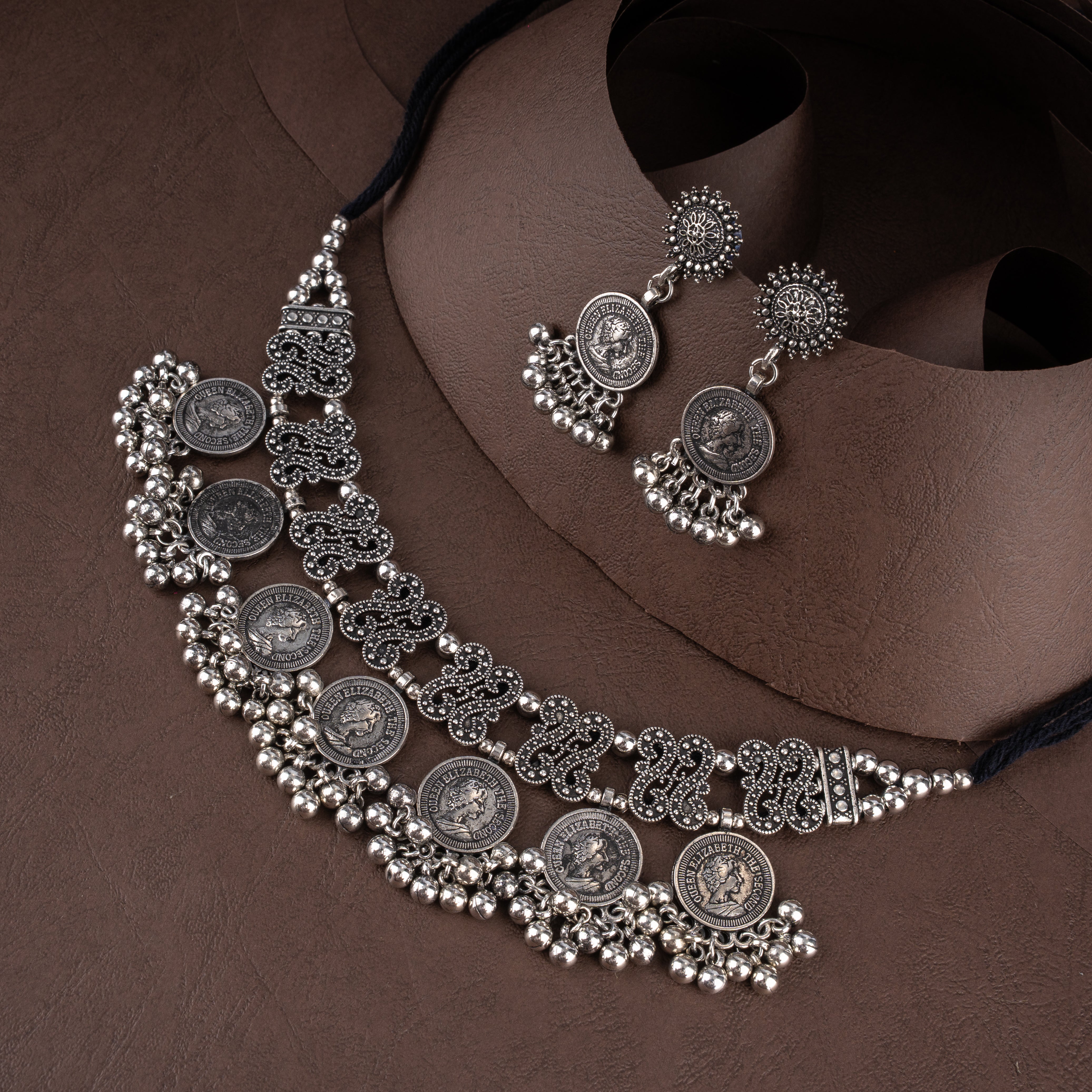 Oxidised Filigree Scroll Coin Choker Necklace Set with Ghungroo Bell Clusters