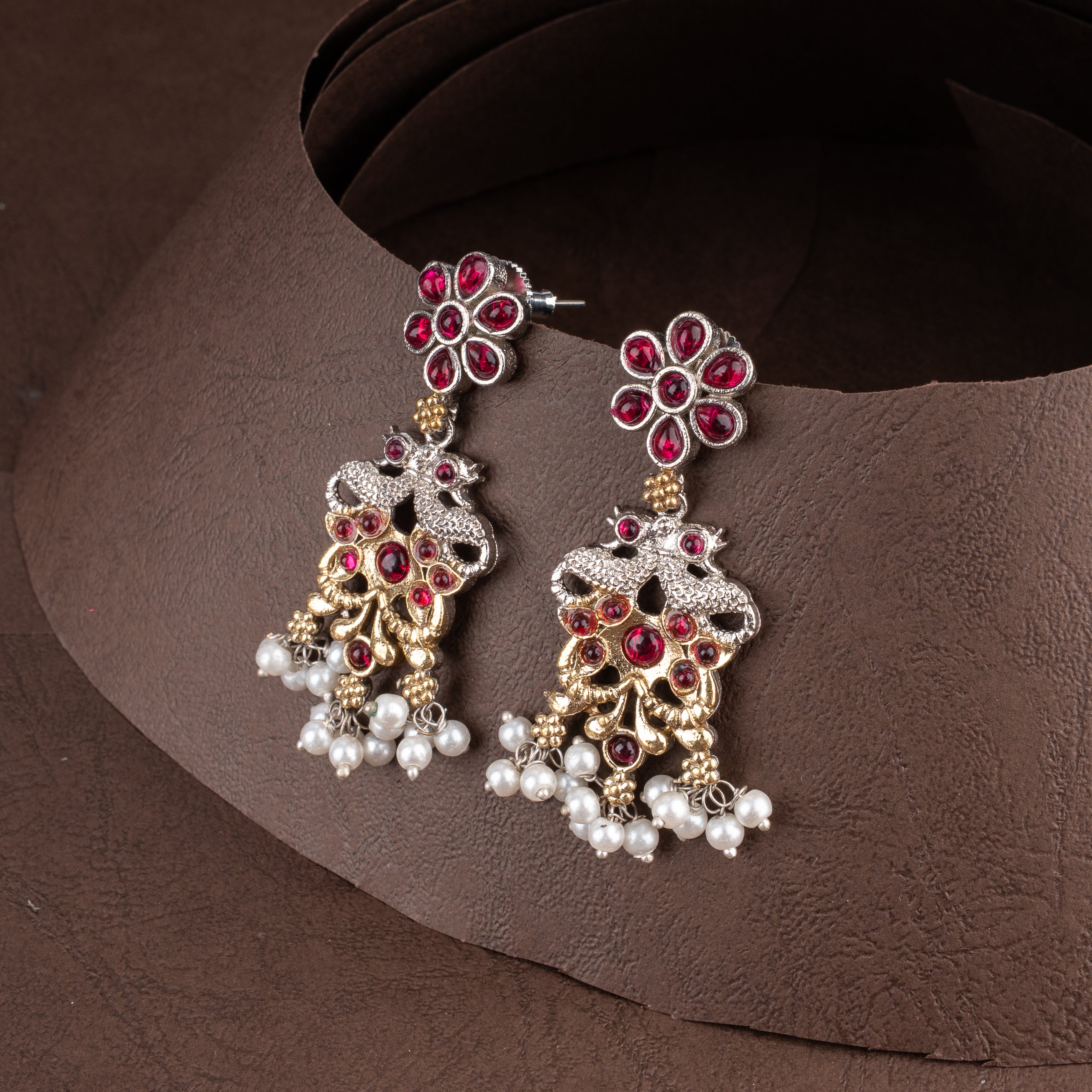 Dual-Tone Ruby-Pink Kundan Peacock Medallion Pendant Necklace Set with Seed Pearl Clusters and Drop Earrings